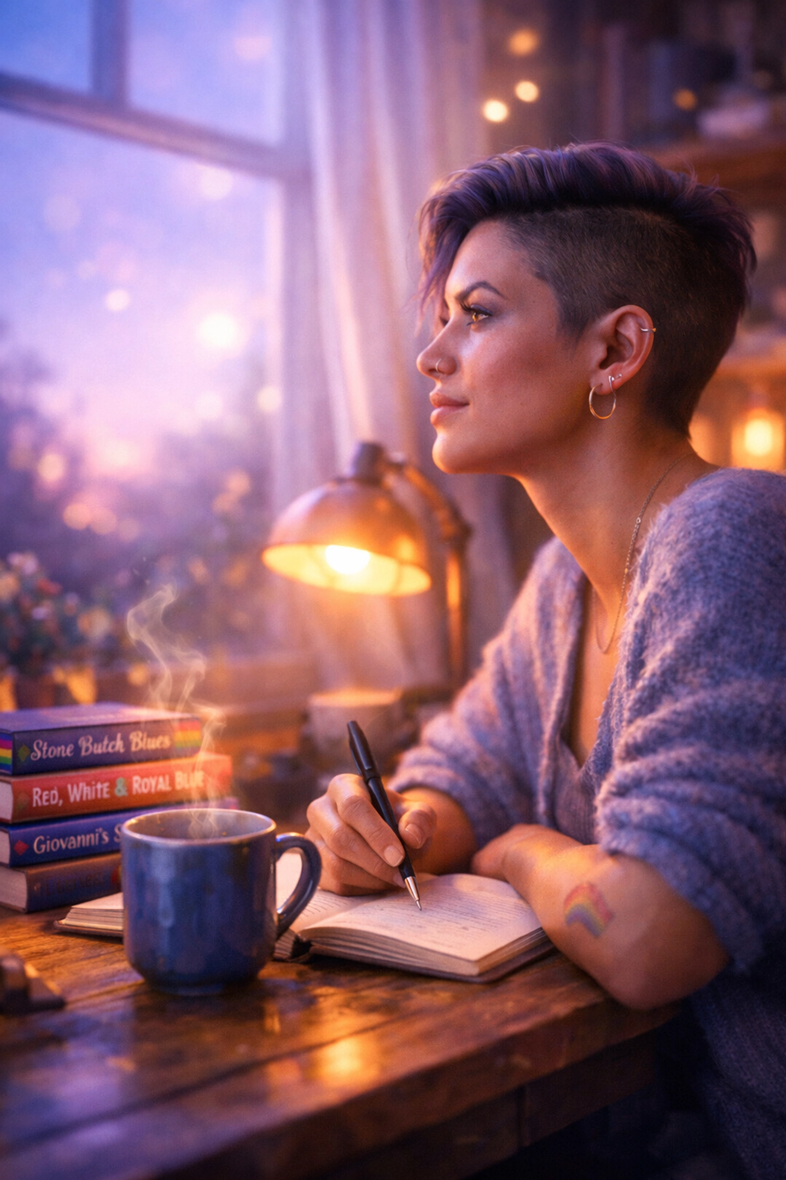 Queer woman journaling with LGBTQ+ books, envisioning a path of resilience and queer healing.