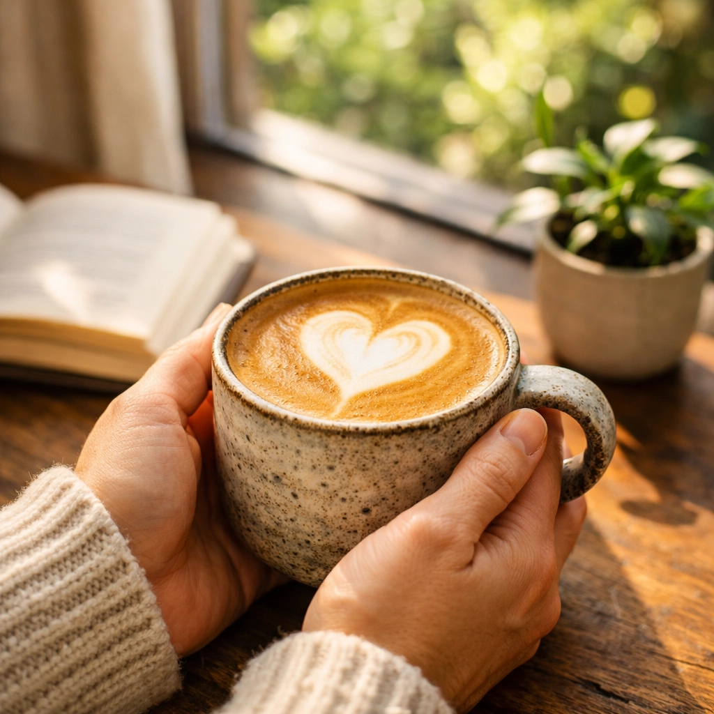 Enjoying a speciality latte at home, showing the growth of the premium coffee dropshipping market in the UK.