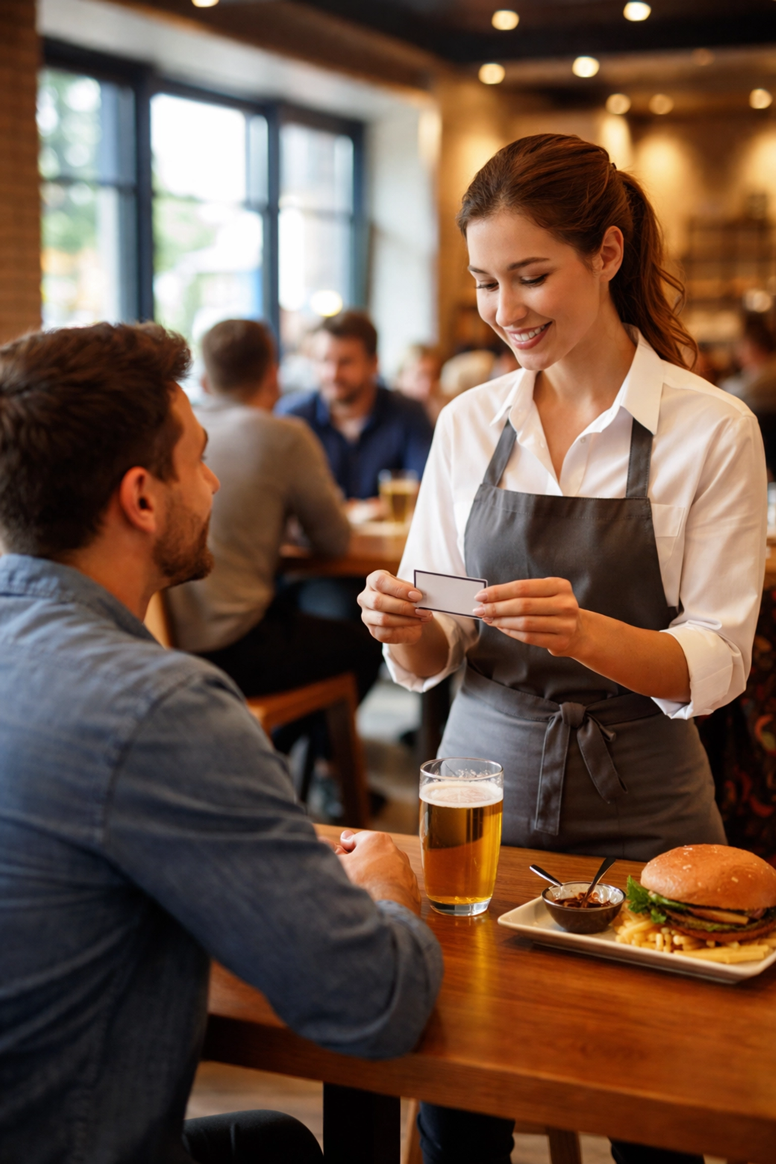 Restaurant server checks customer ID, showing responsible alcohol service practices and compliance.