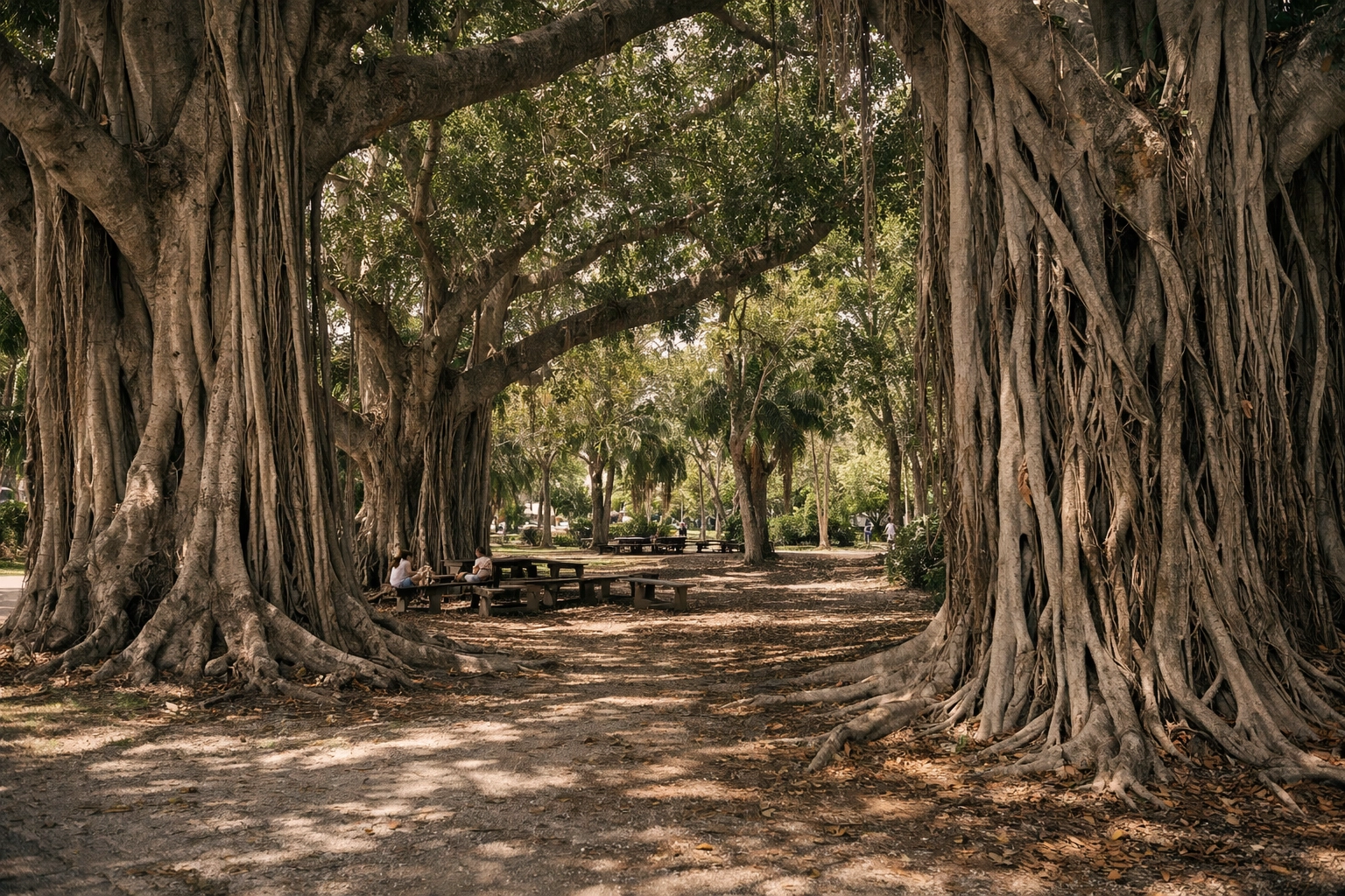 Ancient Banyan trees at a lush Miami photography location with natural tropical lighting.