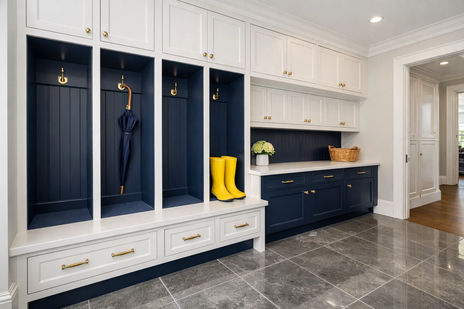 A perfectly organized and clutter-free mudroom in a luxury home after weekly house cleaning Wellesley MA.