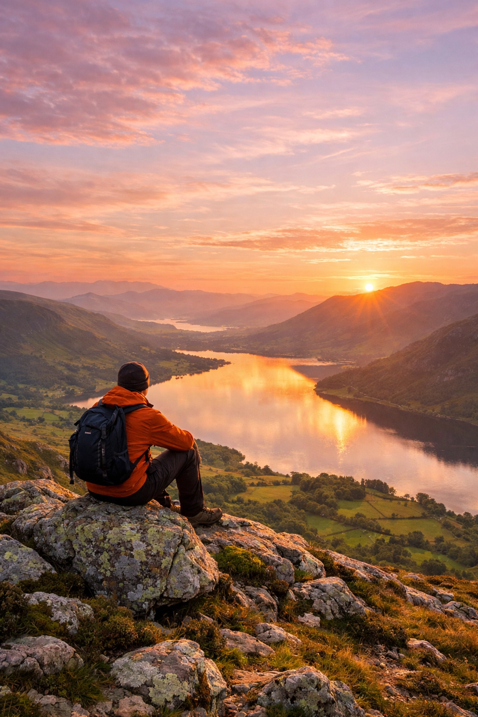 Breathtaking sunrise over the Lake District fells viewed from a mountain summit during a guided walk.