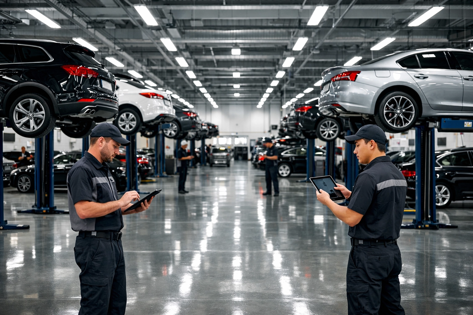 Modern San Antonio dealership service center with luxury cars on lifts and uniformed technicians.