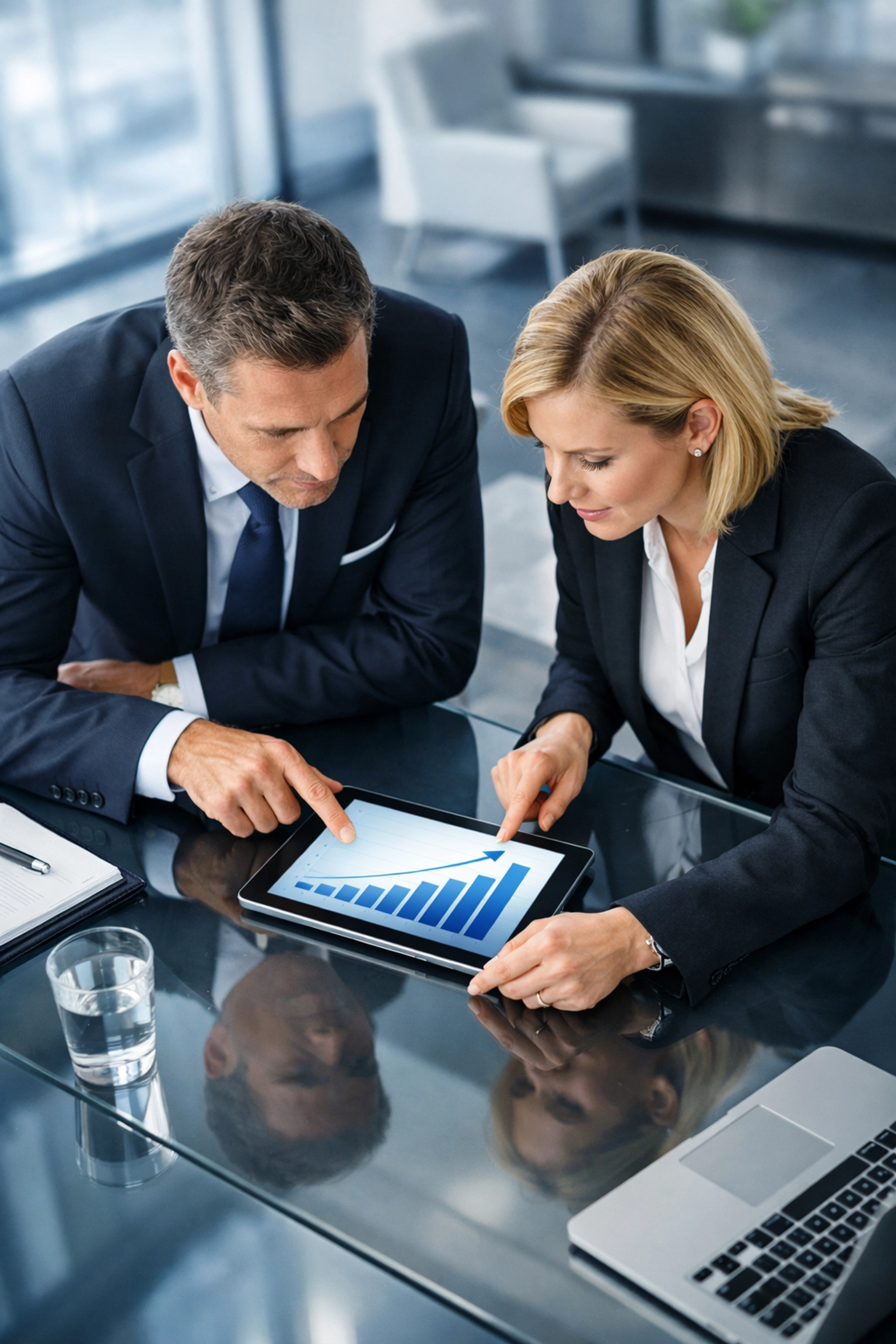 Business executives analyzing data on a tablet to quantify value and reduce price negotiation in a boardroom.