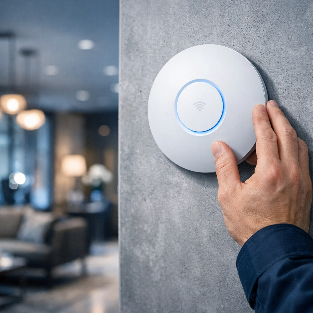A professional technician installing a sleek white WiFi access point in a boutique hotel lobby.
