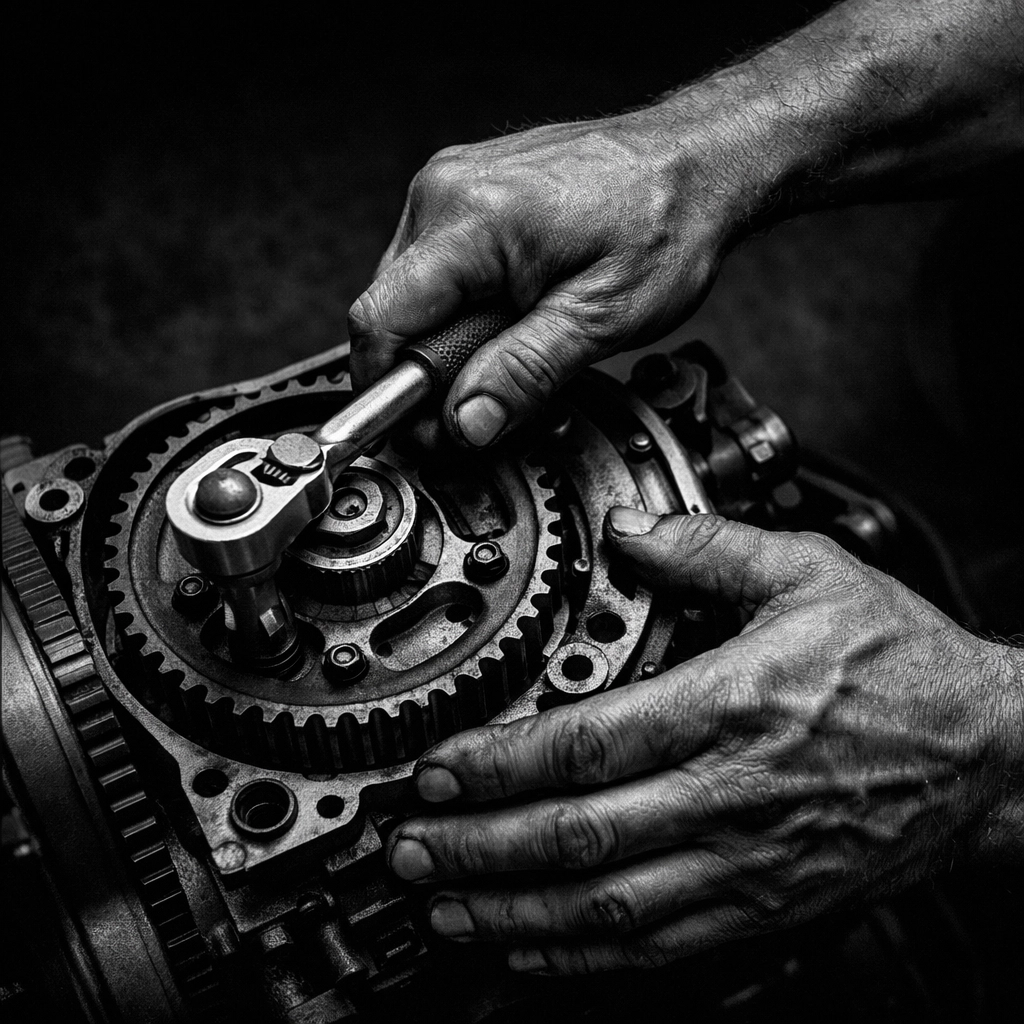Mechanic hands performing engine repair work in auto shop