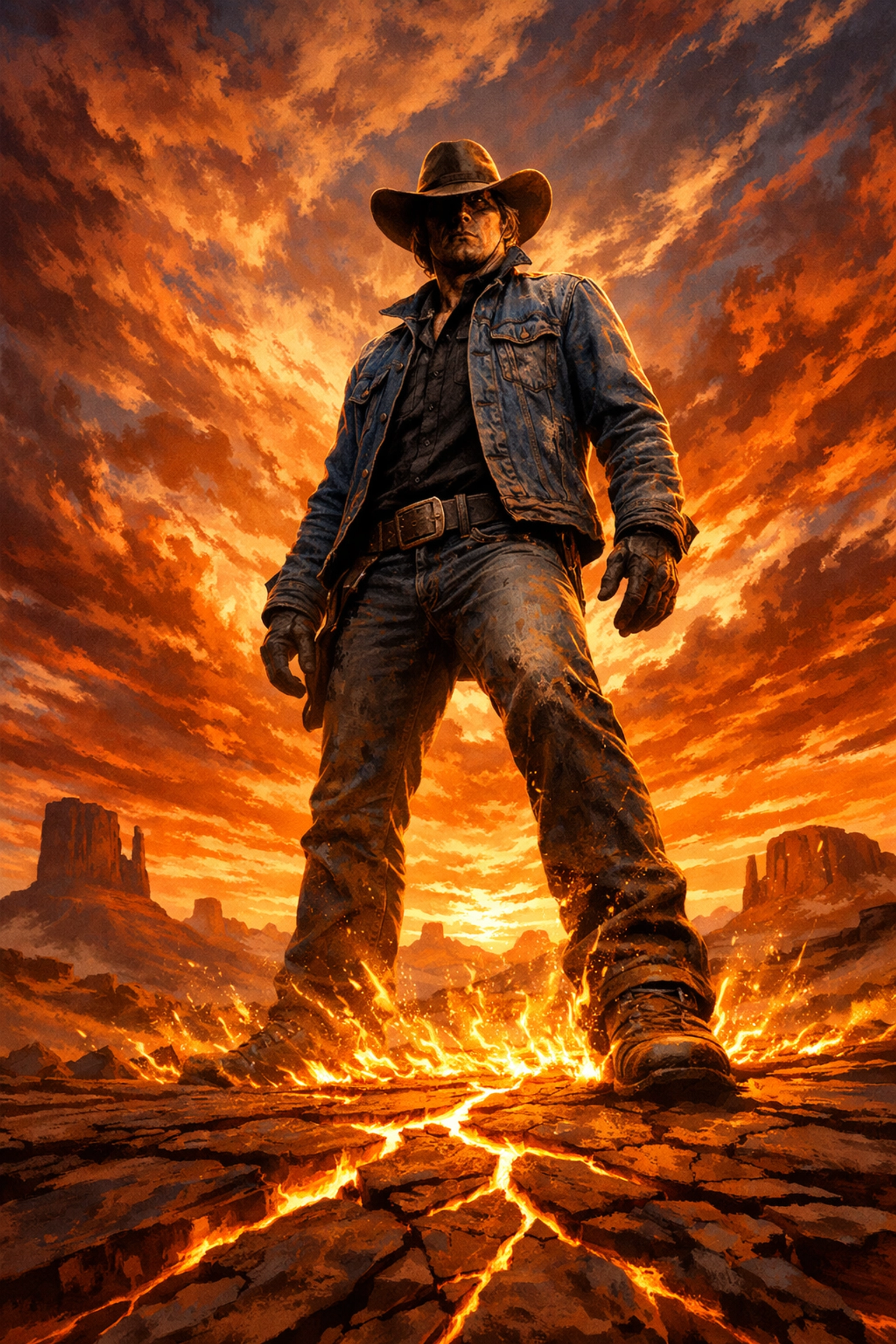 Chuck Norris as an iconic western hero standing in a desert landscape during a vibrant sunset.