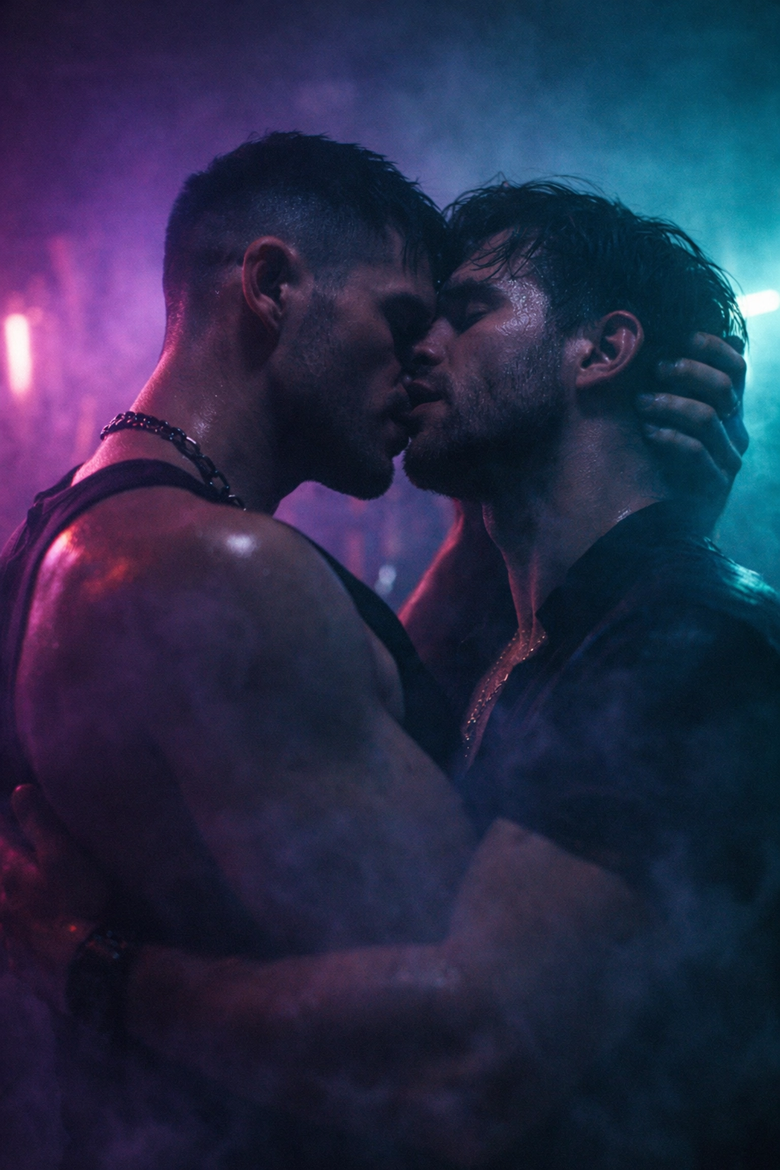 Two men in an intimate embrace in a neon-lit room, illustrating the intensity of the gay chem-sex scene.