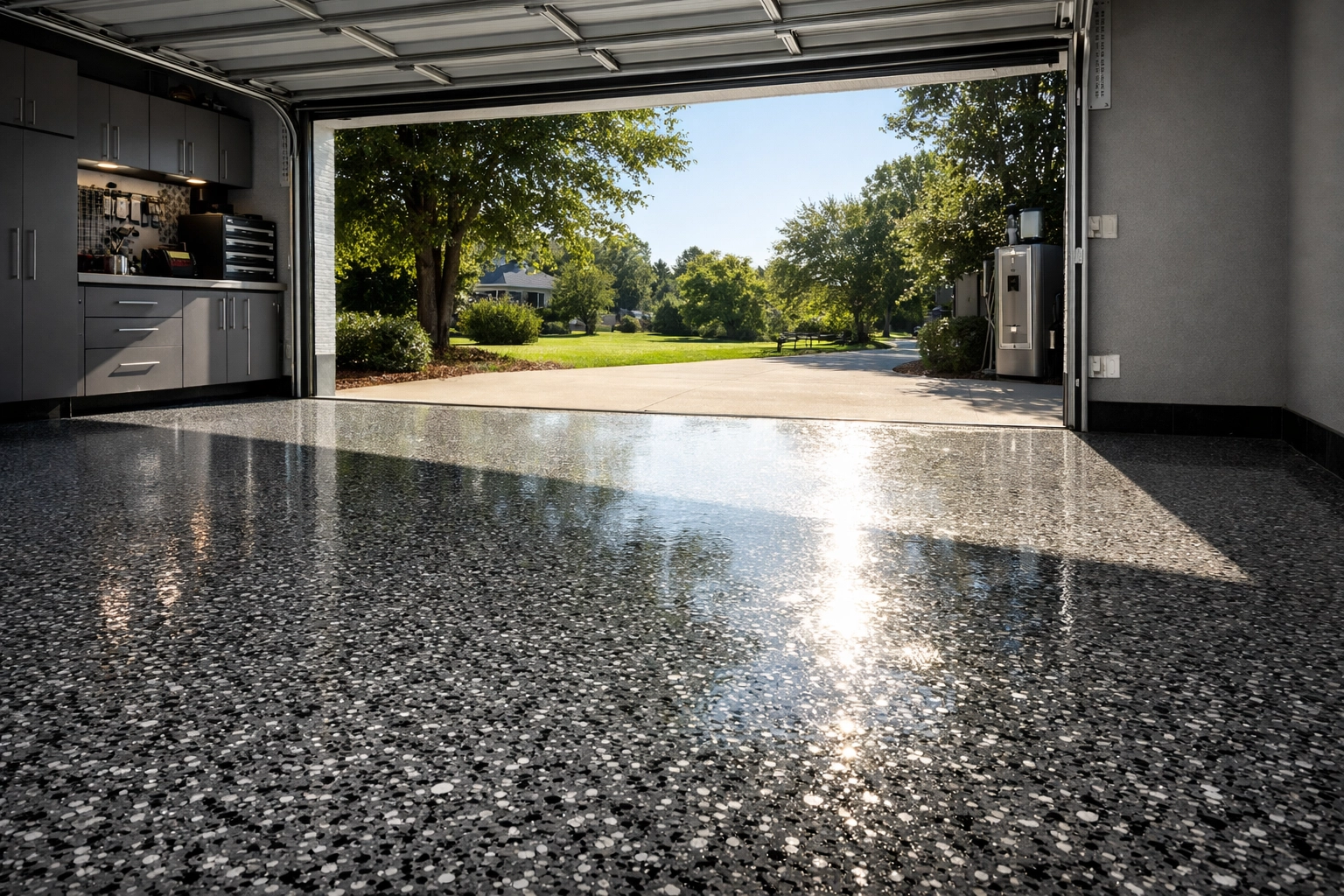 Sun-drenched Brandon MS garage with non-yellowing polyaspartic floor coating and decorative flakes.