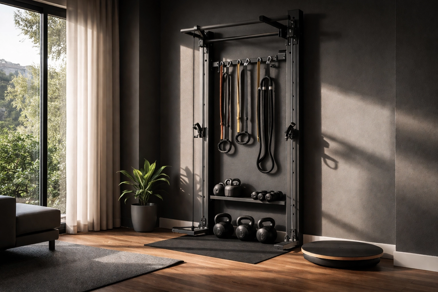 Modern home gym corner with floor-to-ceiling resistance system and diverse fitness equipment for versatile bodyweight training.
