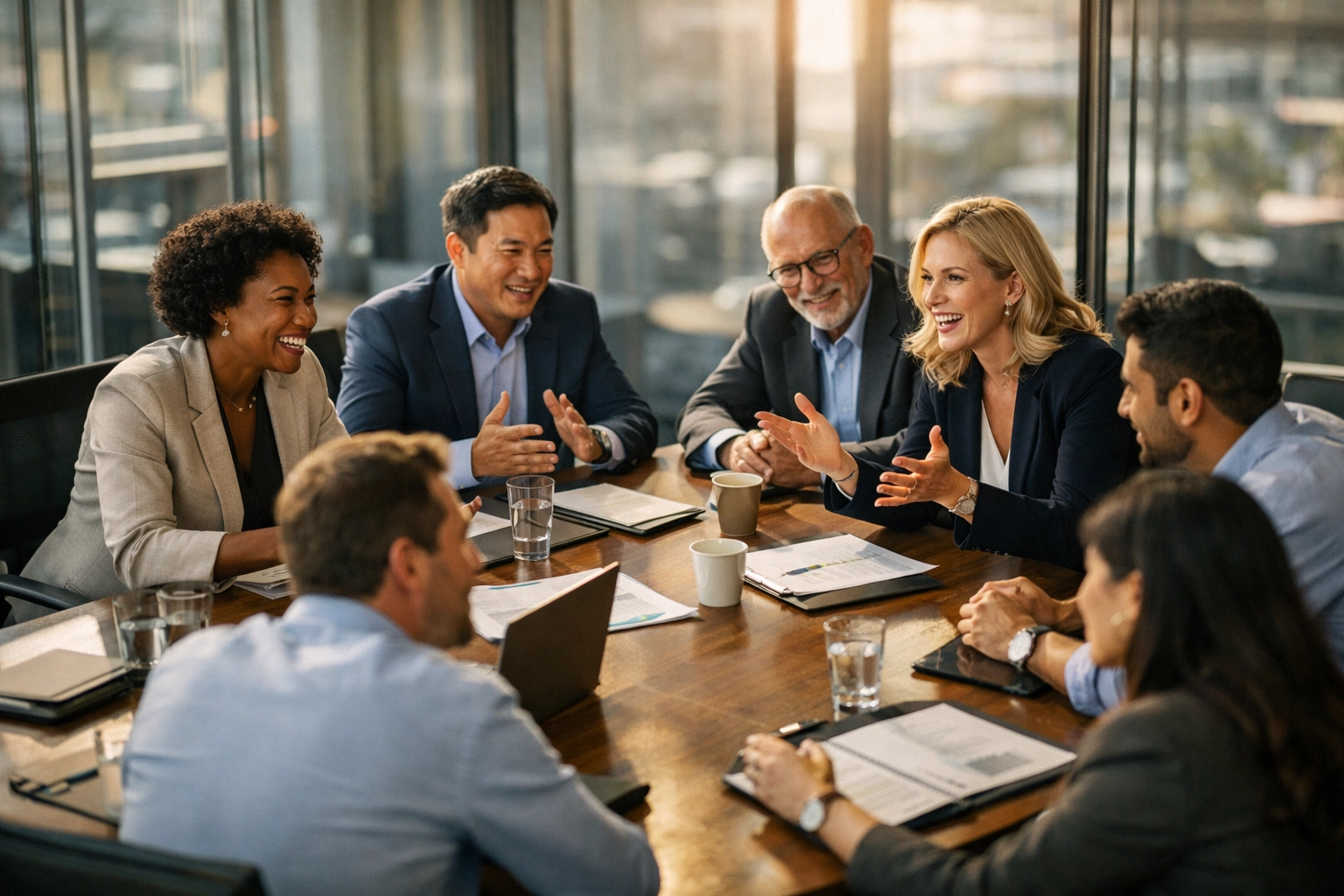 Diverse leadership team engaged in collaborative discussion building resilient teams