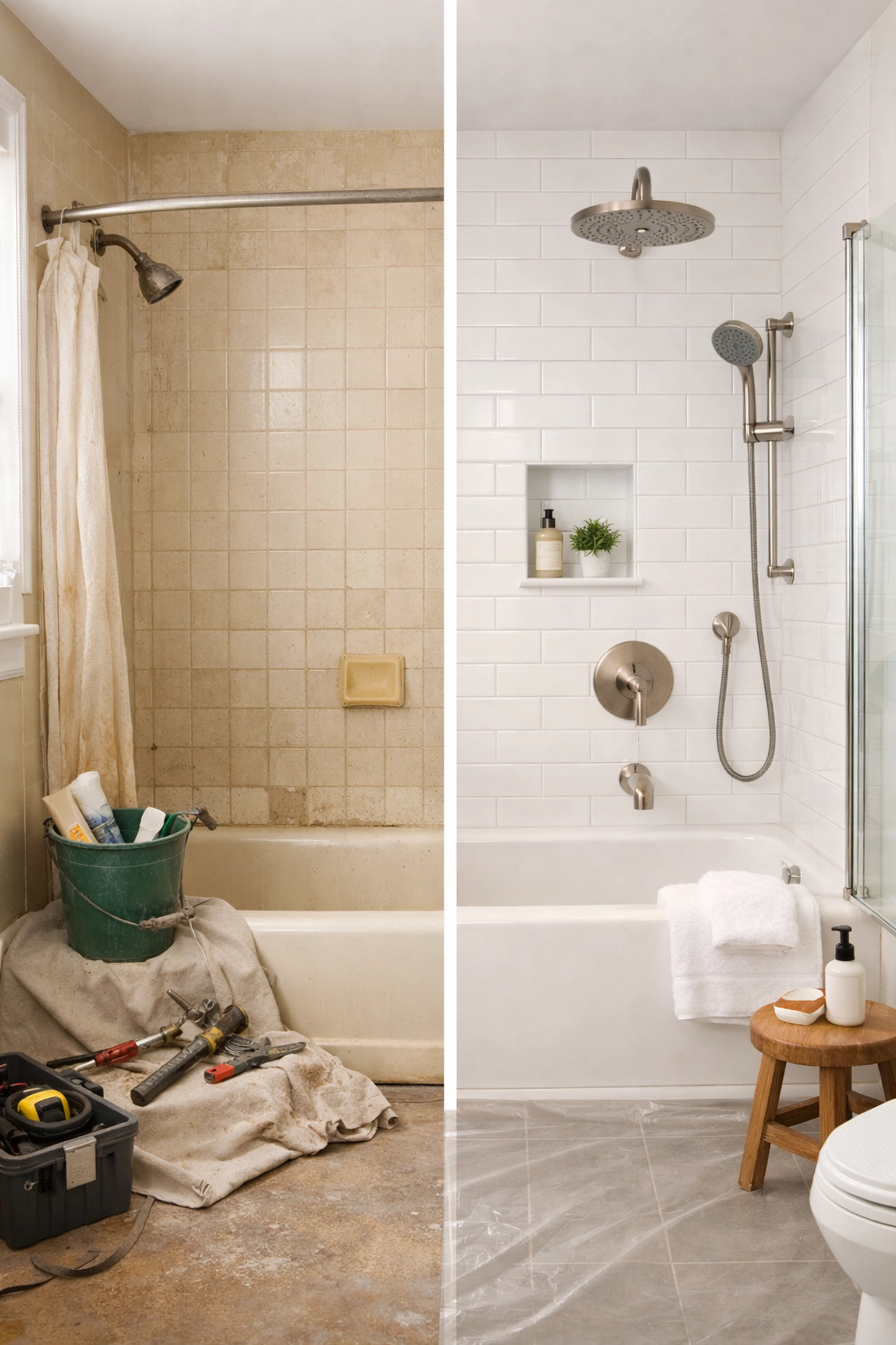 Bathroom remodeling transformation showing before and after renovation progress
