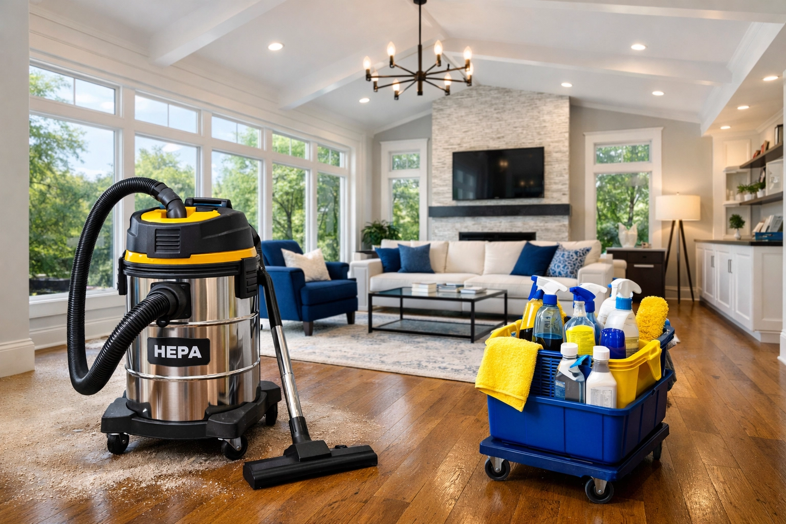 Professional post construction cleaning Littleton setup with HEPA vacuum and supplies in a renovated home.