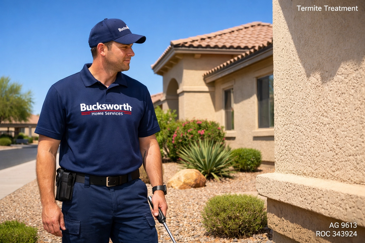 Bucksworth technician providing expert termite treatment and structural protection for a home in Gilbert, AZ.