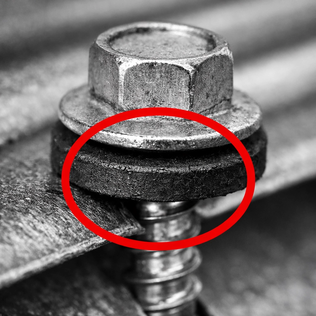 Close-up of metal roof screw with rubber washer highlighted showing critical seal component
