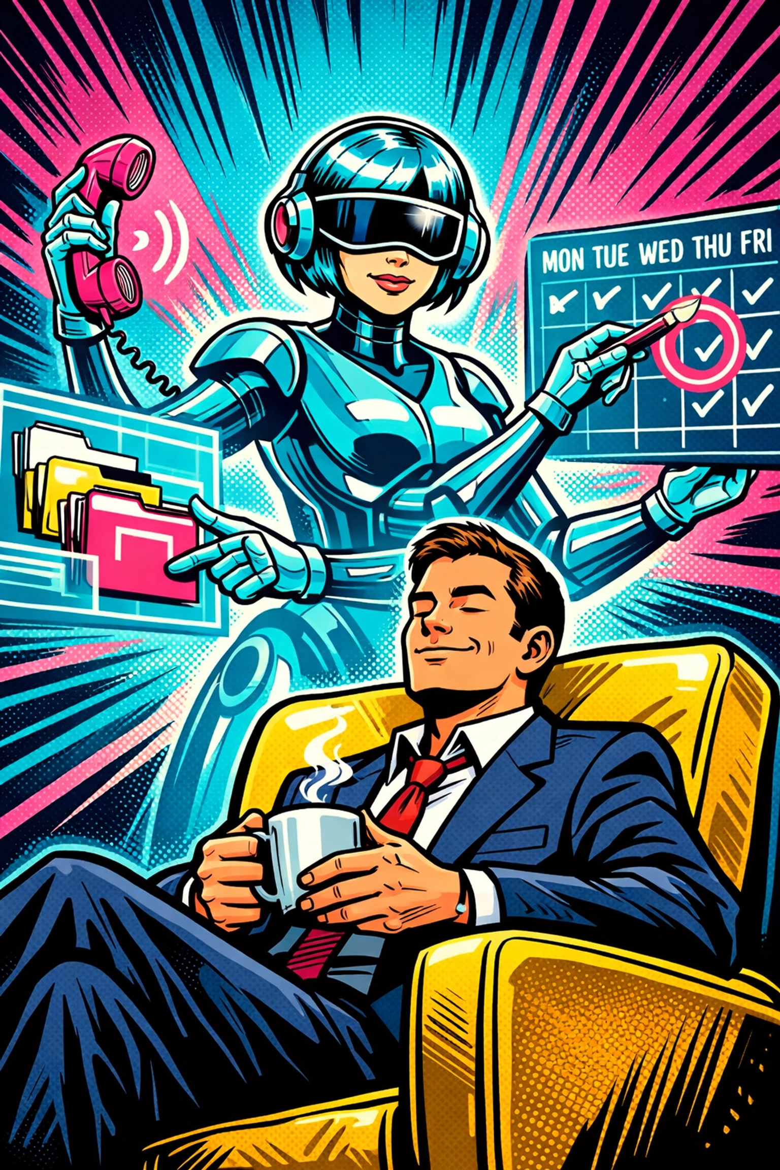 An AI assistant for small business managing multiple tasks while a business owner relaxes.