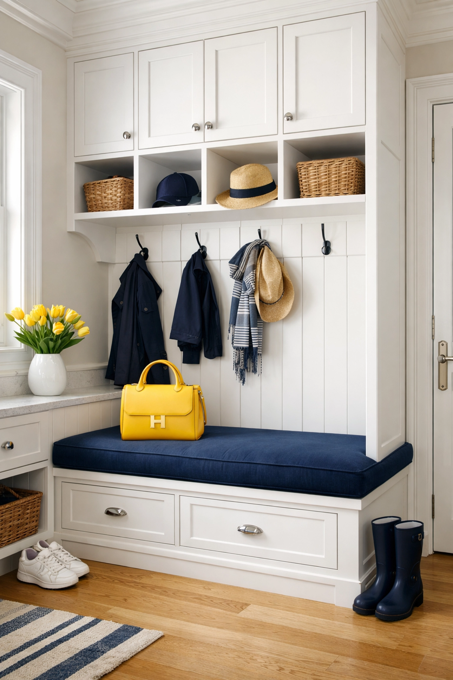 Organized luxury mudroom in a Duxbury home showcasing consistent professional cleaning and estate maintenance.
