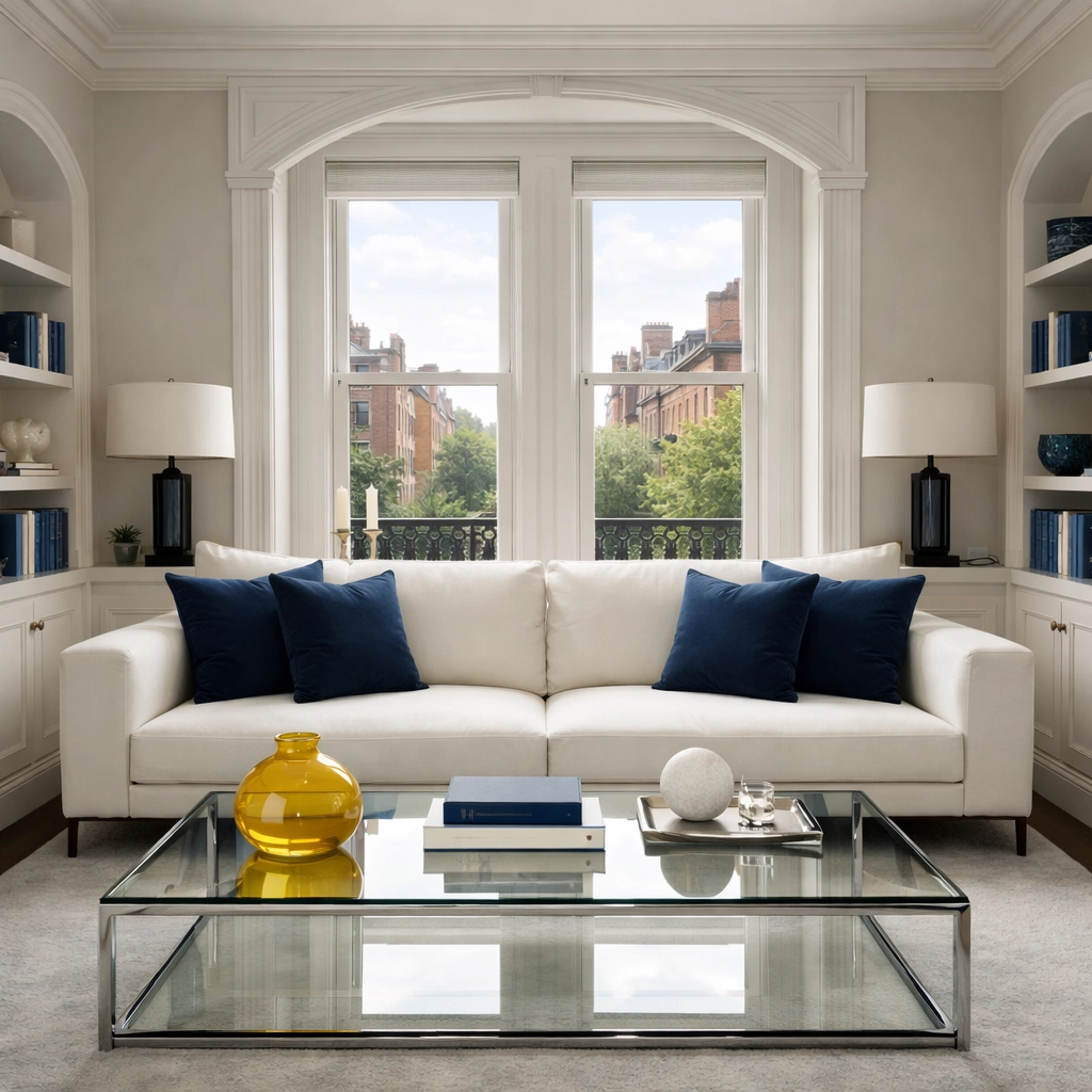 A pristine, dust-free Boston living room cleaned by expert House Cleaning Services in MA.