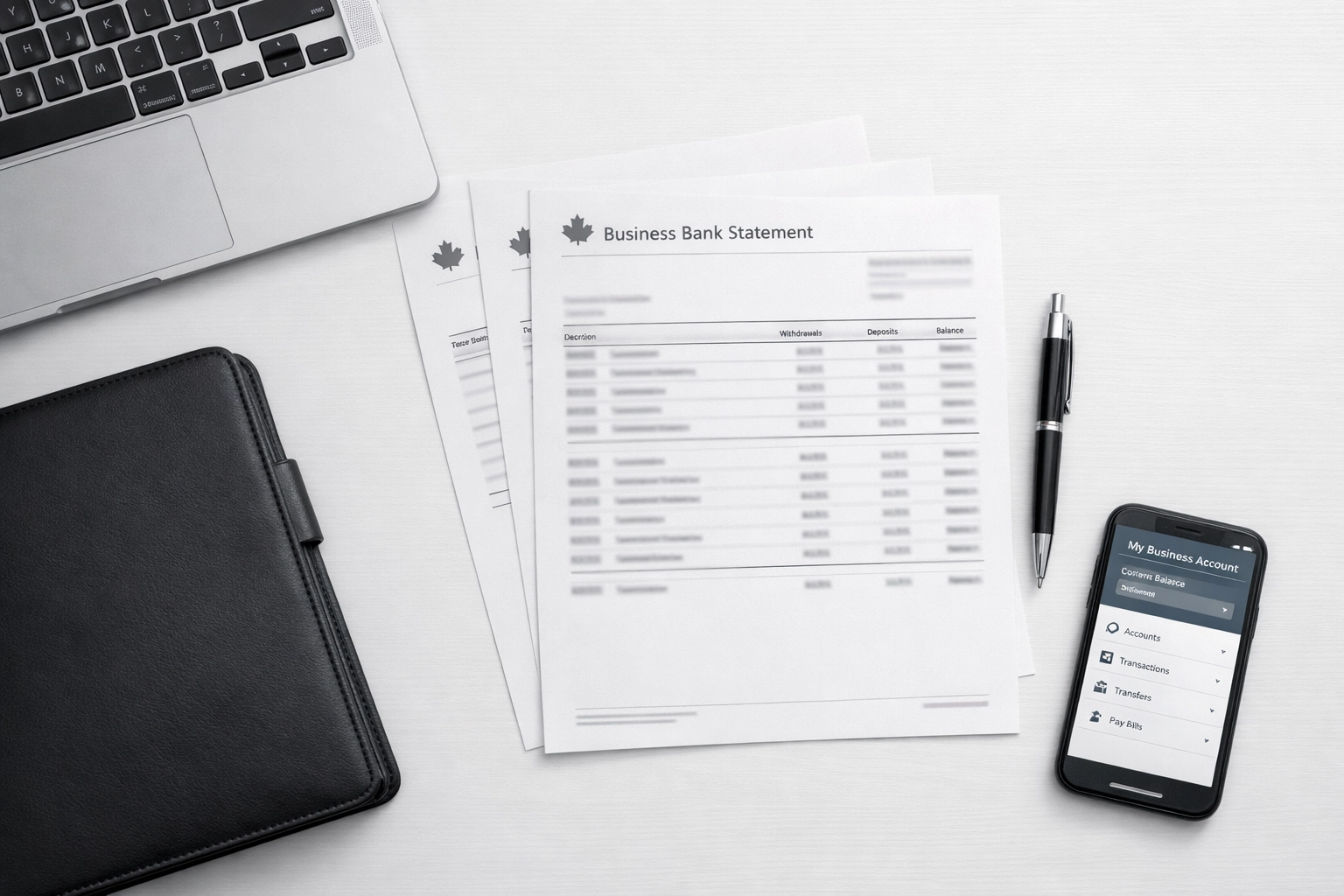 Organized business loan documents and bank statements on desk