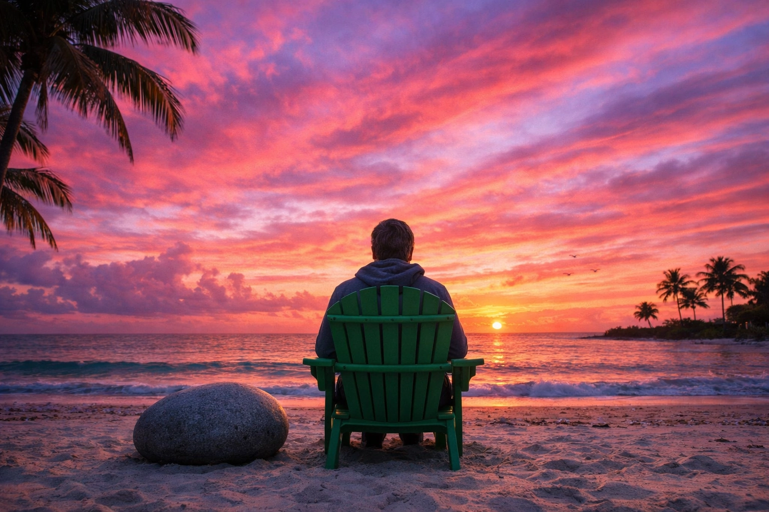 Person sitting by a heavy stone at a Sarasota beach sunset, symbolizing the weight felt during grief and loss.