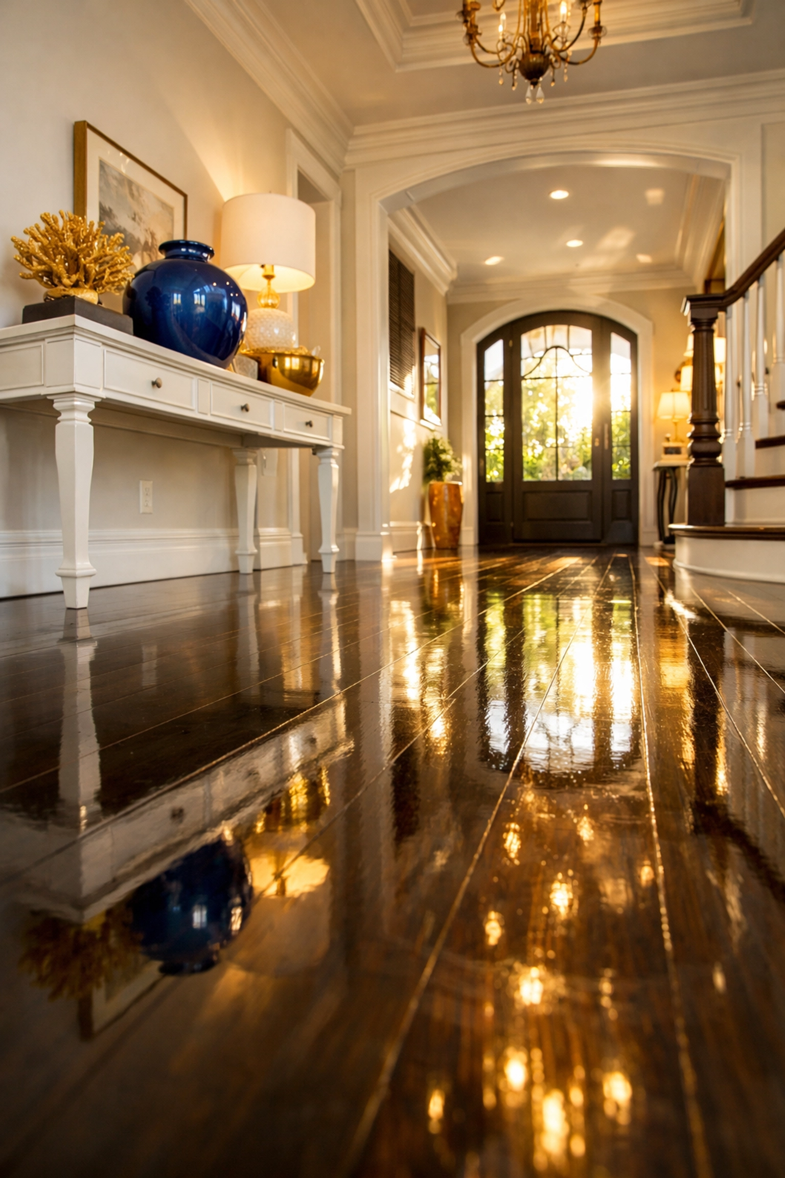 Sun-drenched home entryway with clean, polished hardwood floors from professional cleaners in Easton.