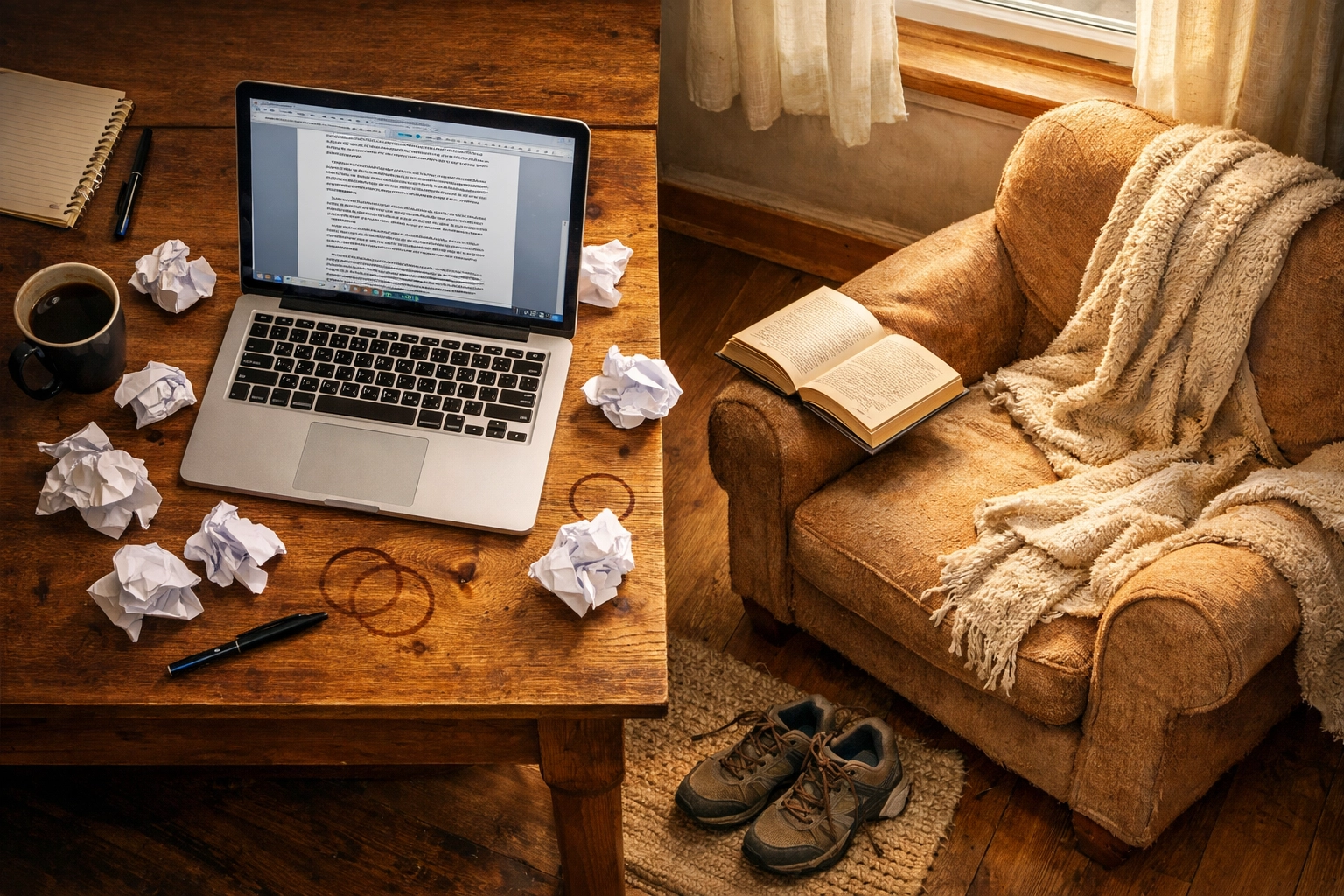 Writer's workspace showing contrast between active writing desk and rest area
