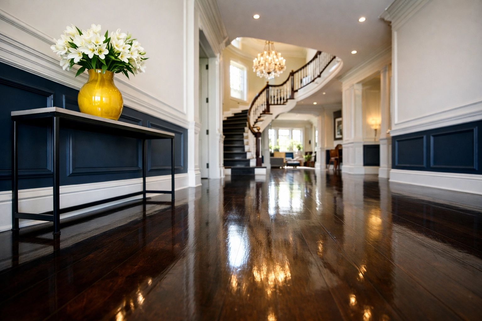 Pristine foyer in a Westford home showing professional weekly house cleaning results on polished floors.