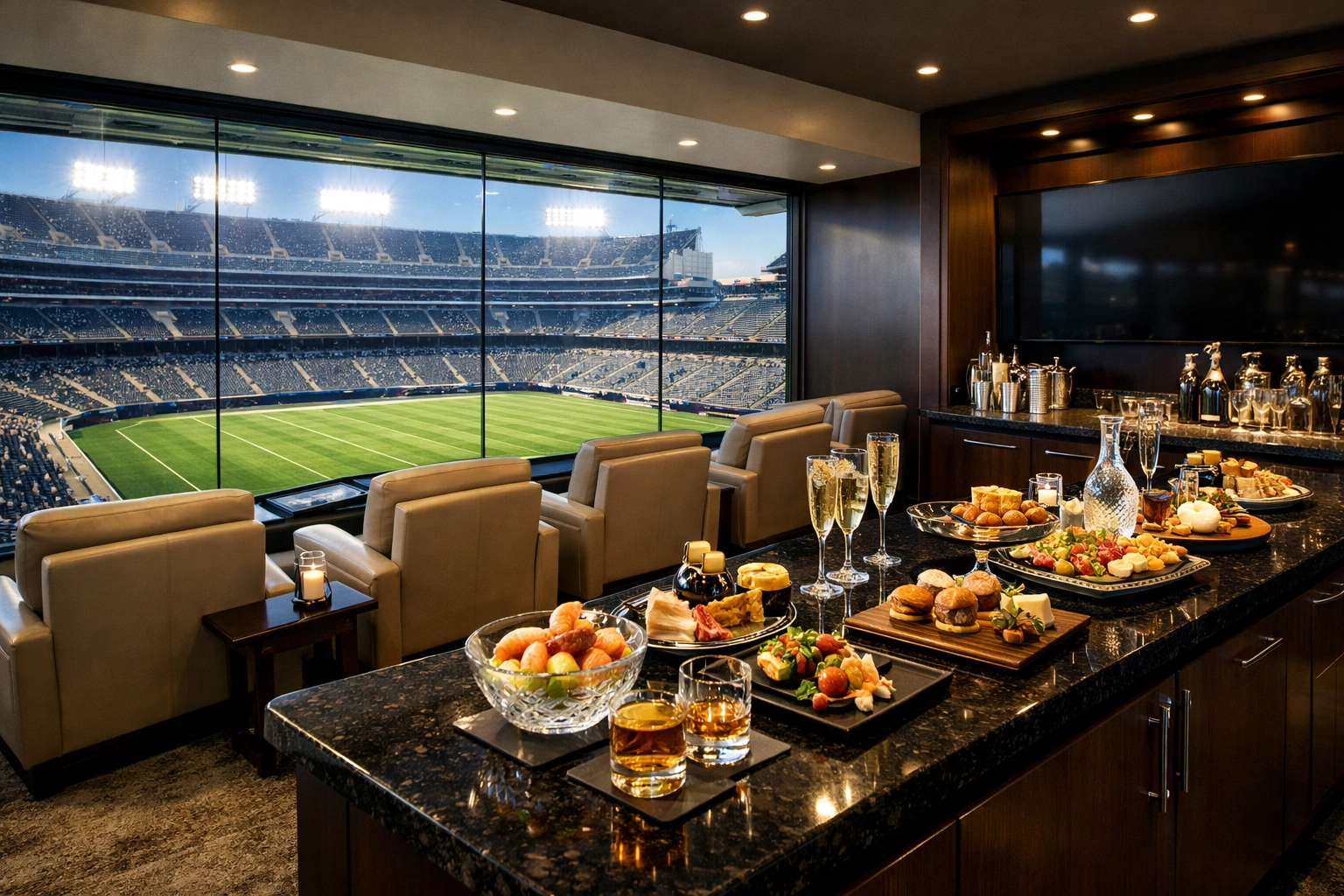 Exclusive luxury stadium suite interior for high-impact VIP corporate hosting and Super Bowl brand experiences.