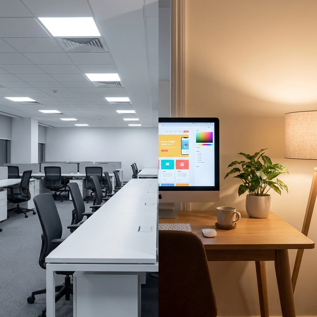 Side-by-side photo of a large agency office and a local web designer's workspace, highlighting business website choices.