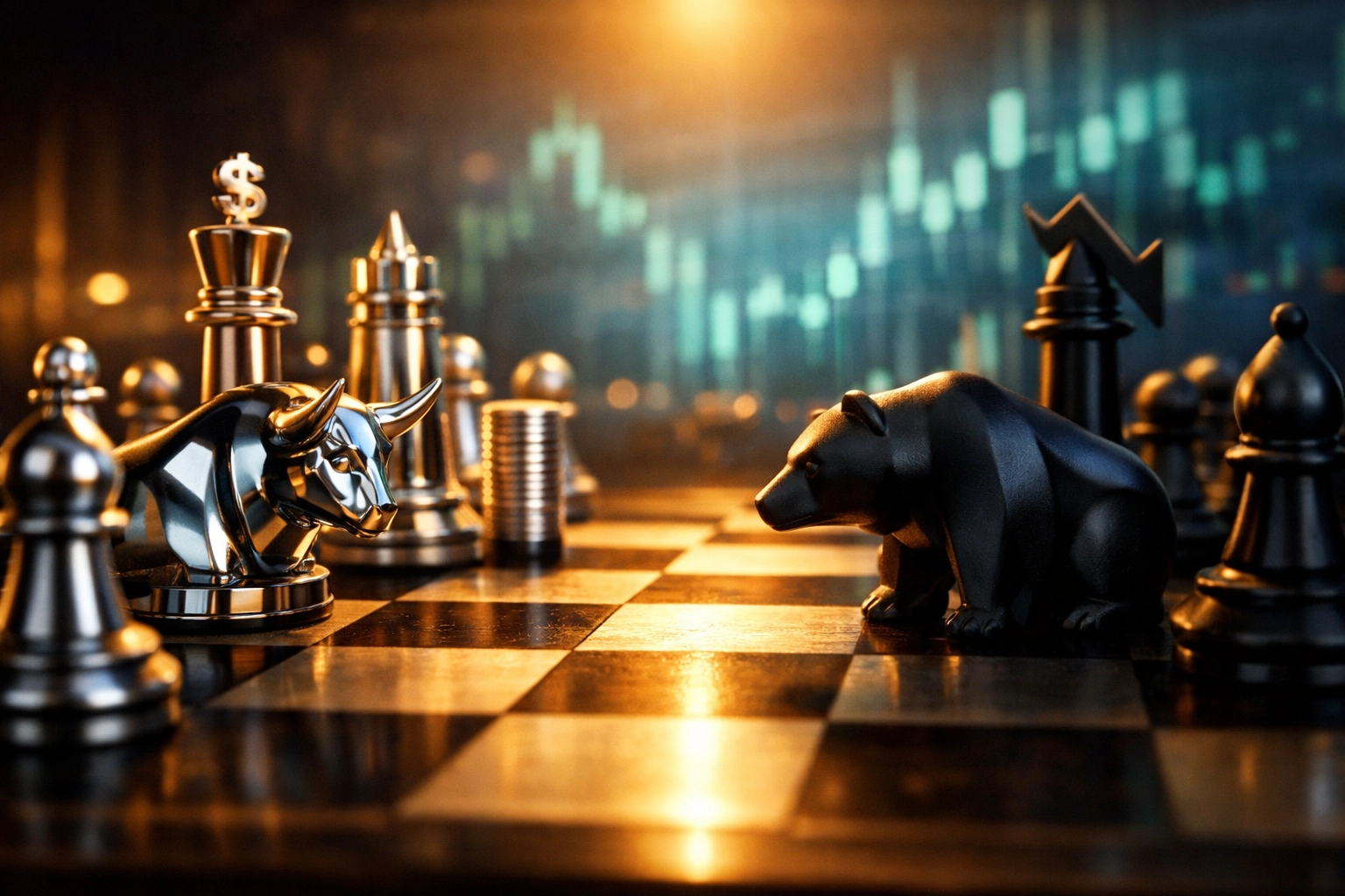 Strategic equity long short positions represented as chess pieces with market data visualization