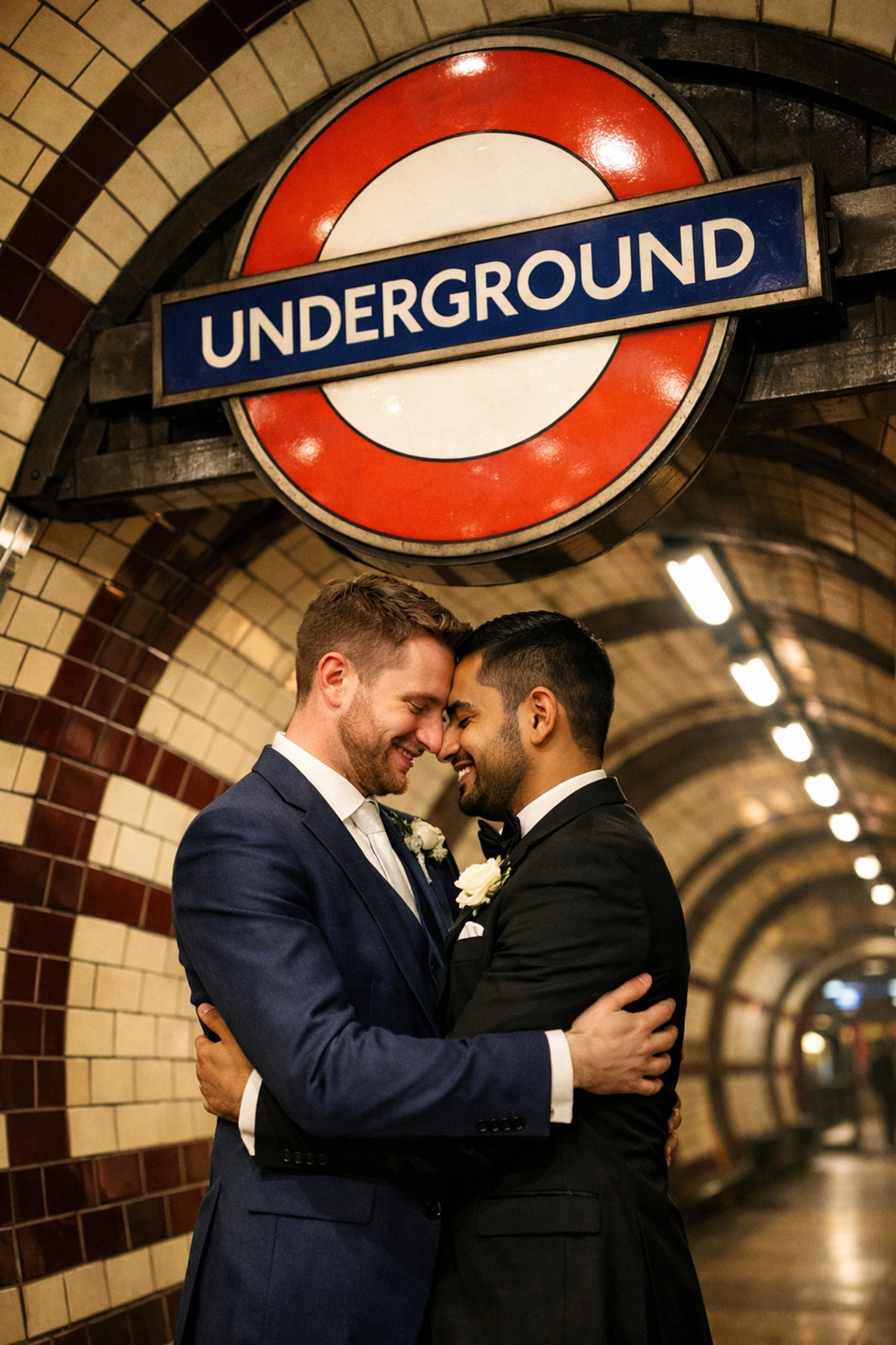 Two grooms embrace in London Underground station creating unique gay wedding photography