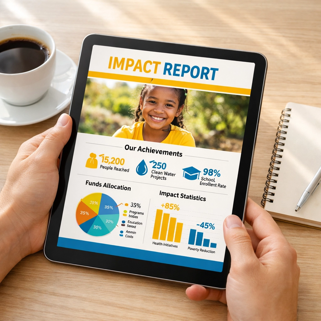 Digital impact report on tablet showing donor contribution results and program outcomes
