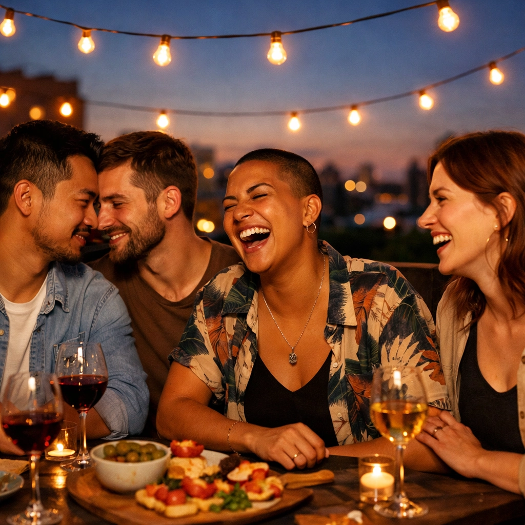 A group of LGBTQ+ friends celebrating life milestones together at an evening rooftop gathering.