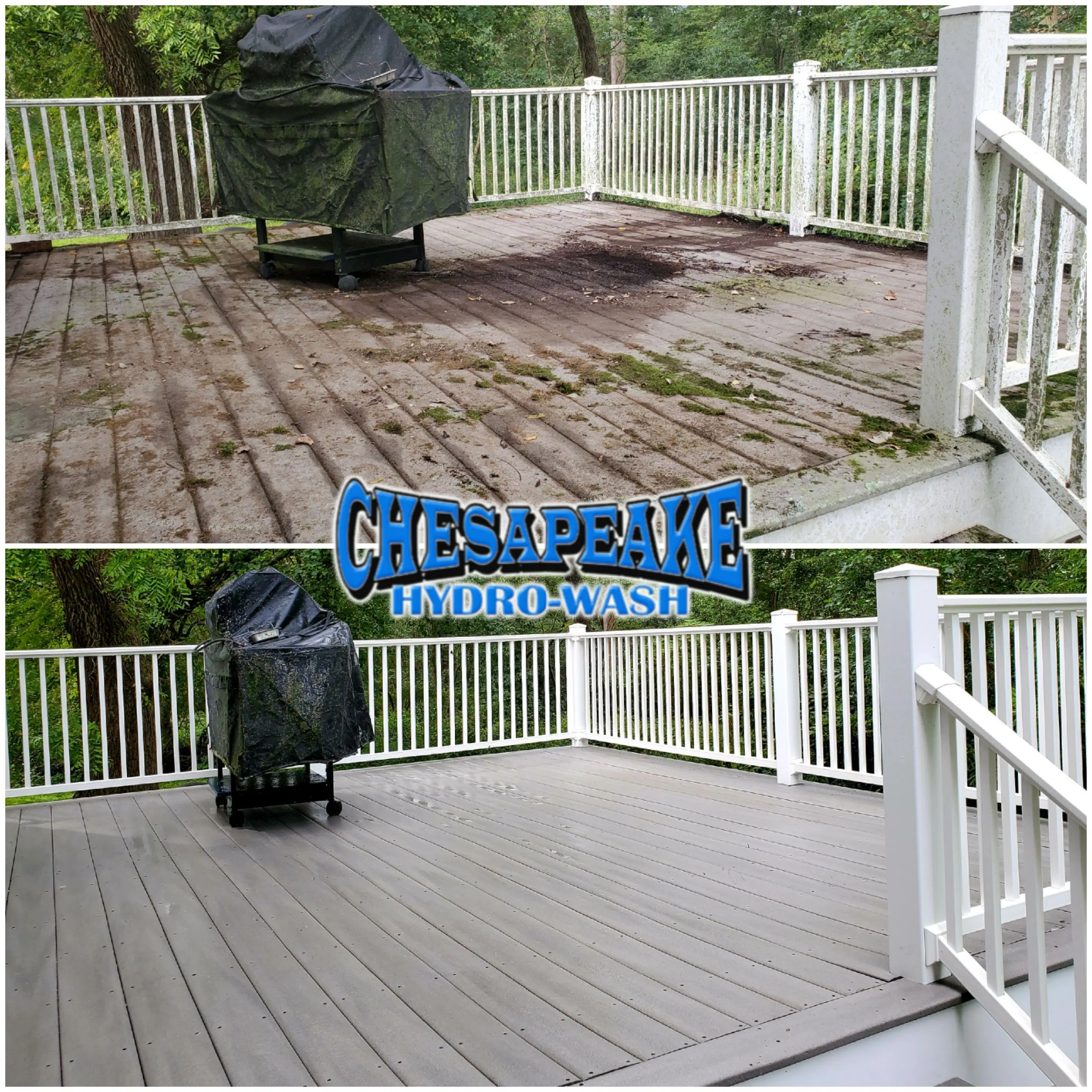 Before-and-after comparison of a deck covered in moss and mildew restored to its natural color