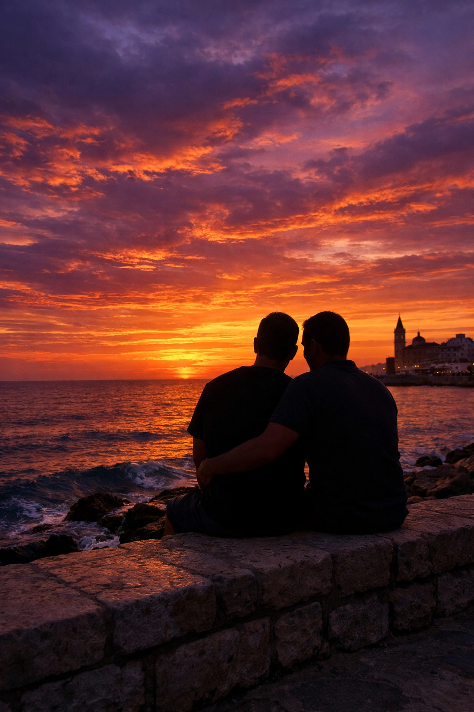 Two men silhouetted against a colorful sunset on the Sitges sea wall by the Mediterranean Sea.