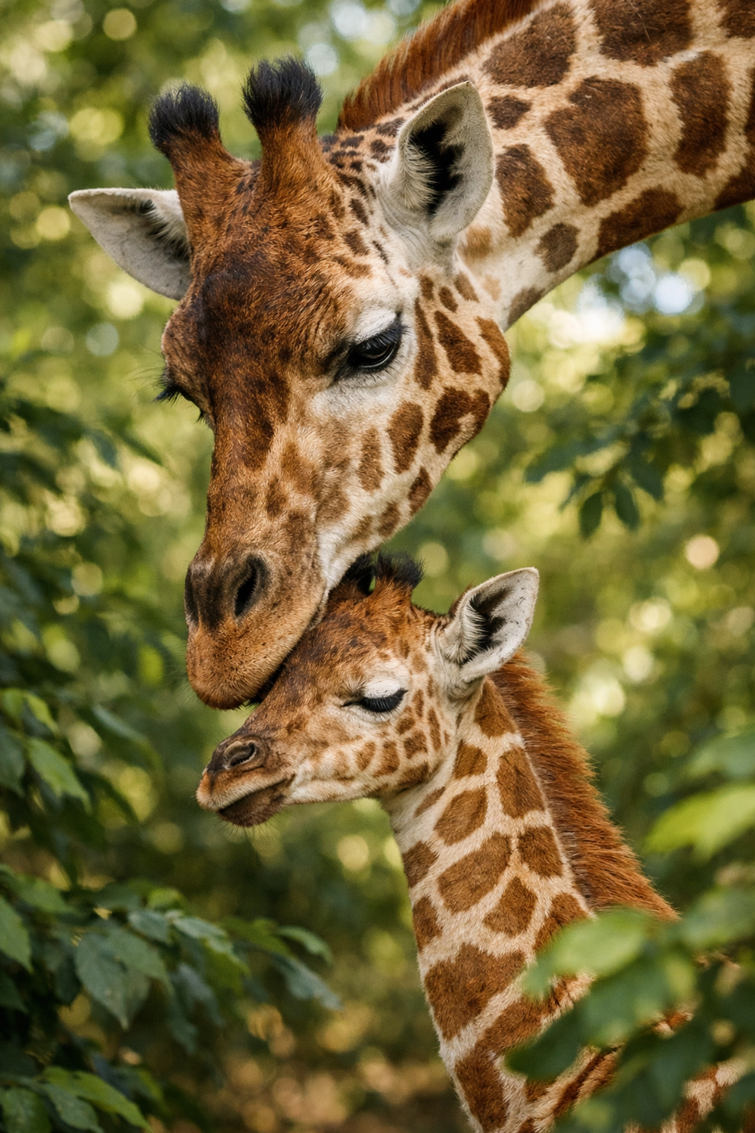 Mother giraffe and calf bonding in a natural habitat for zoo conservation storytelling and appeals.