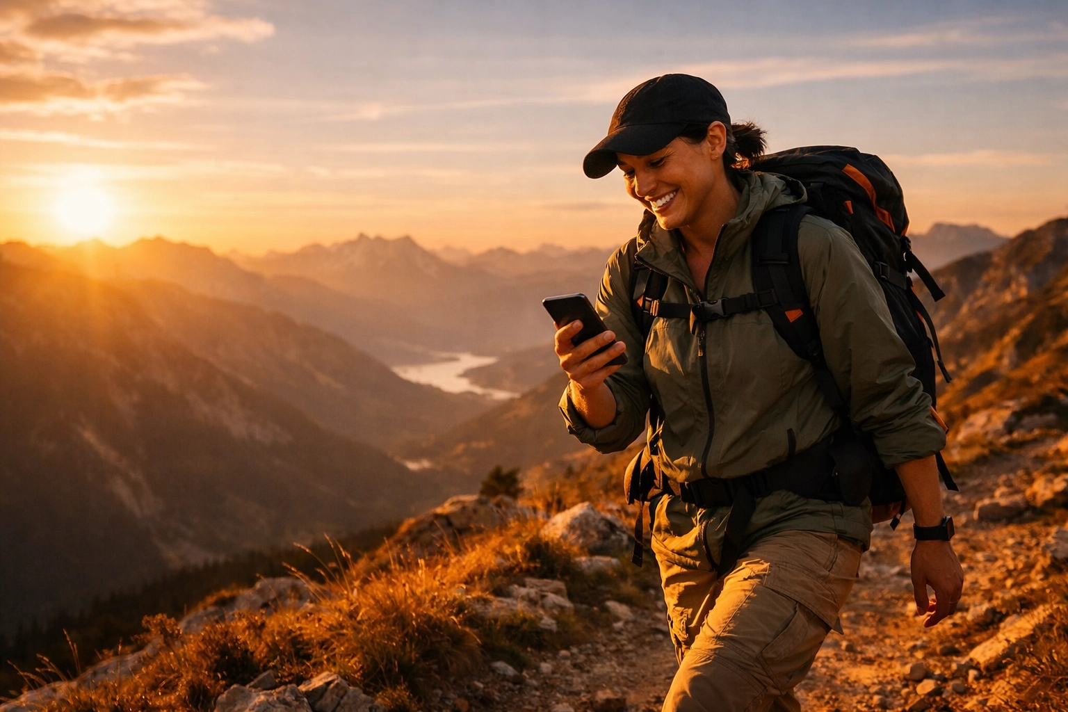 A professional enjoying a mountain hike while managing proactive support via mobile automation tools.