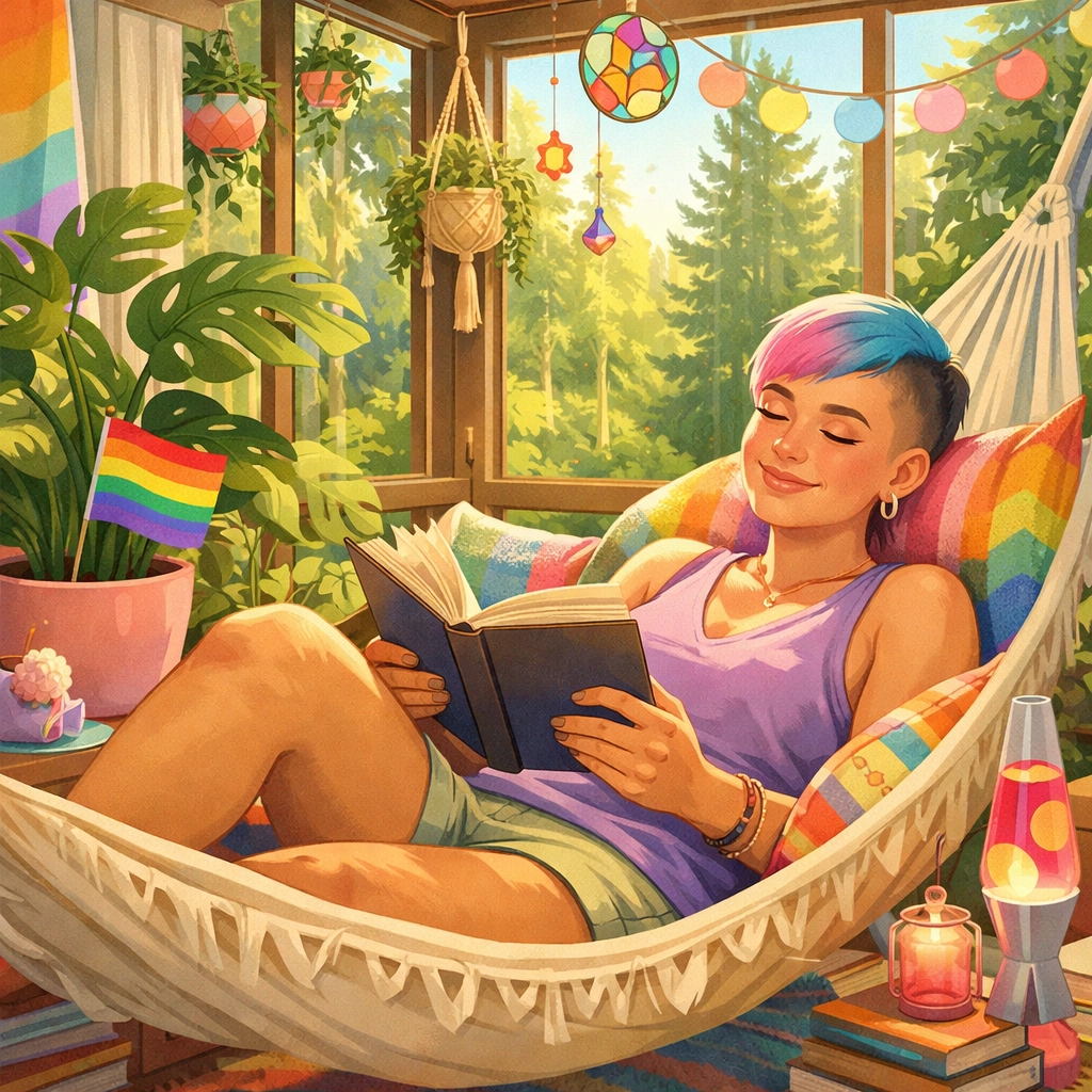 A happy queer person lounging with a 2026 gay book, celebrating queer joy and authentic stories.