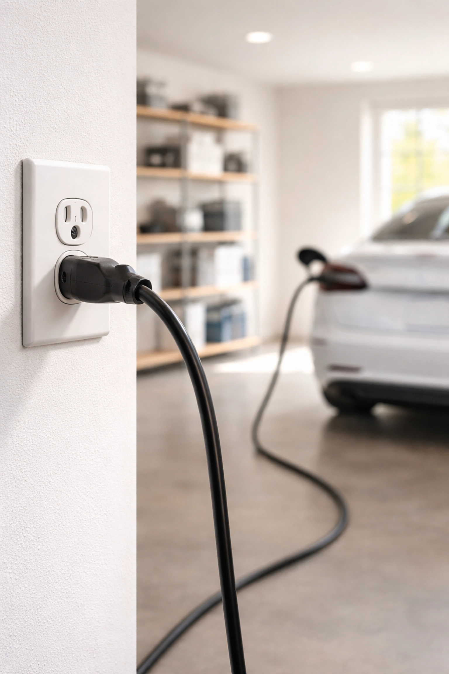 Level 1 EV charger plugged into a standard electrical outlet in a modern Portland Maine garage