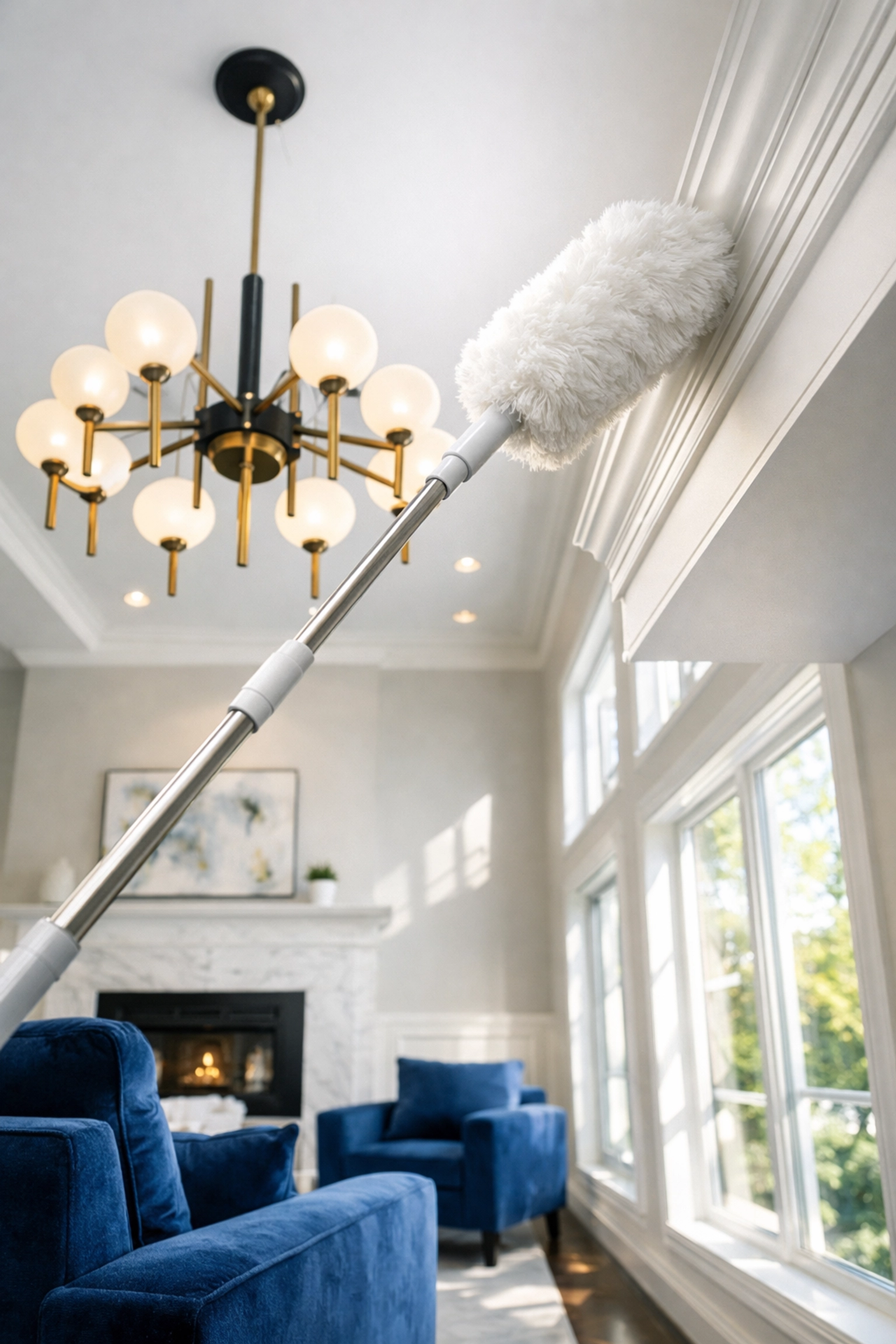 Professional dusting of high crown molding for a top-to-bottom house cleaning in Westborough.