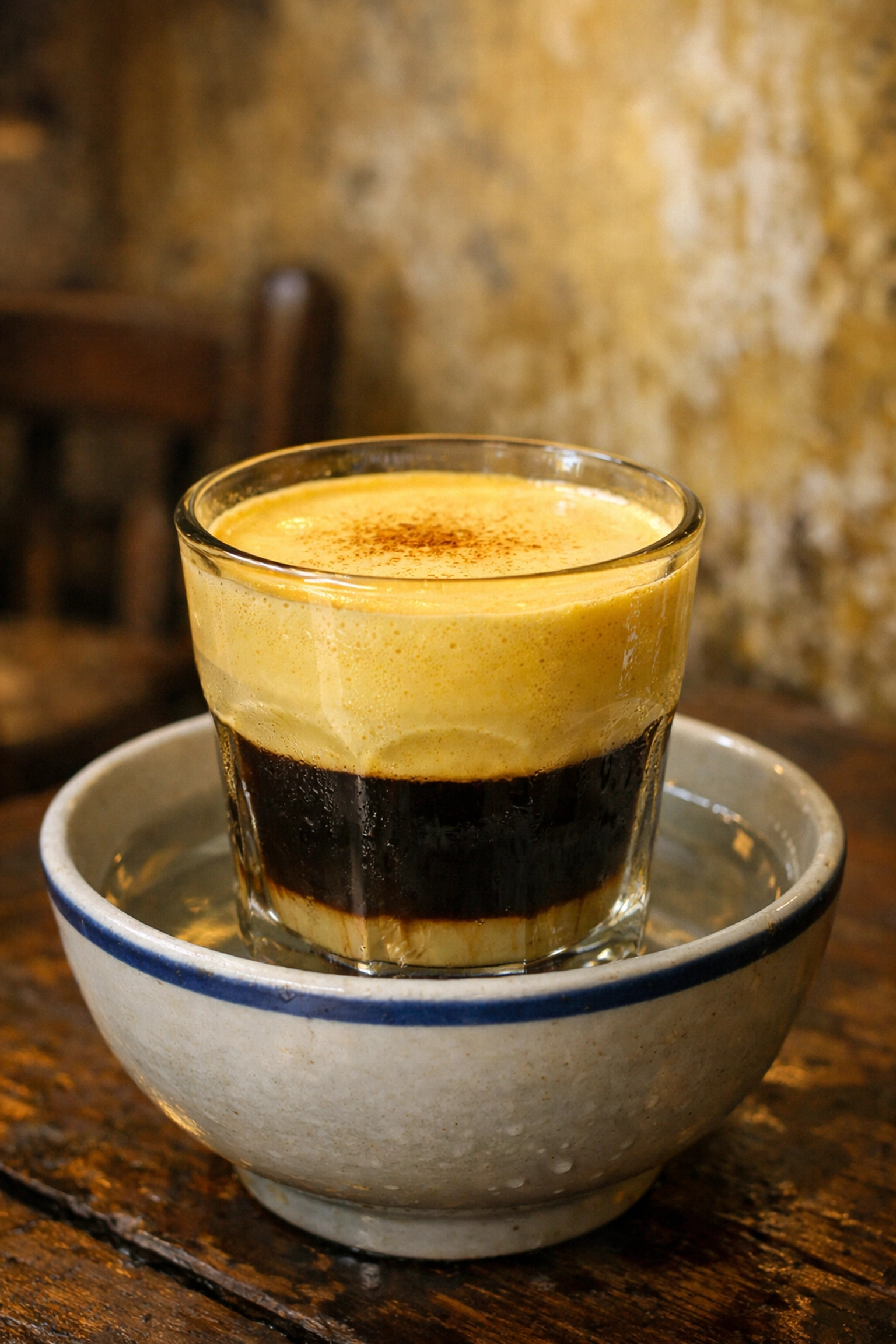 A glass of creamy Vietnamese egg coffee in a historic cafe, a must-try budget travel dining experience.