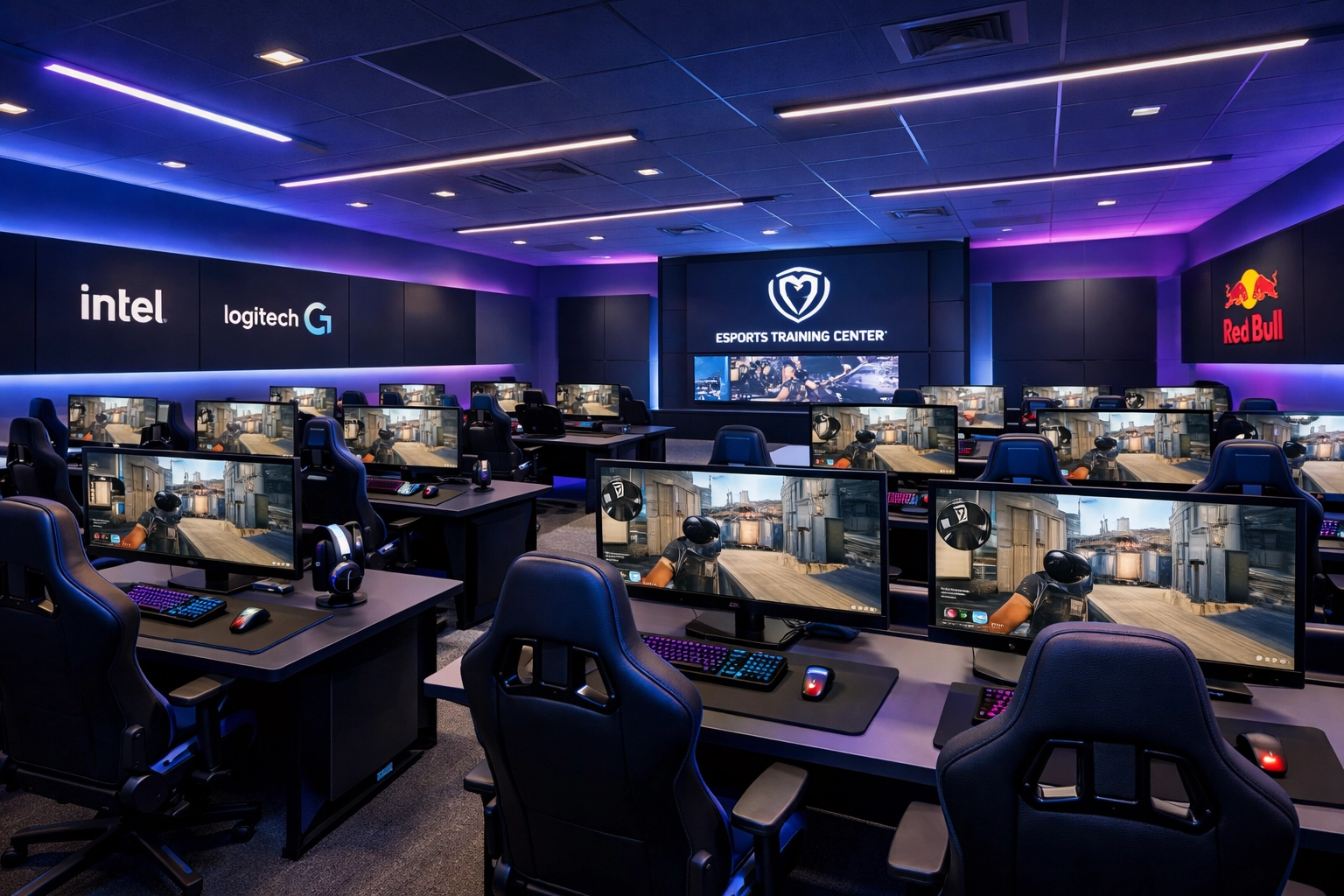 Modern esports training facility with gaming stations for institutional educational programs