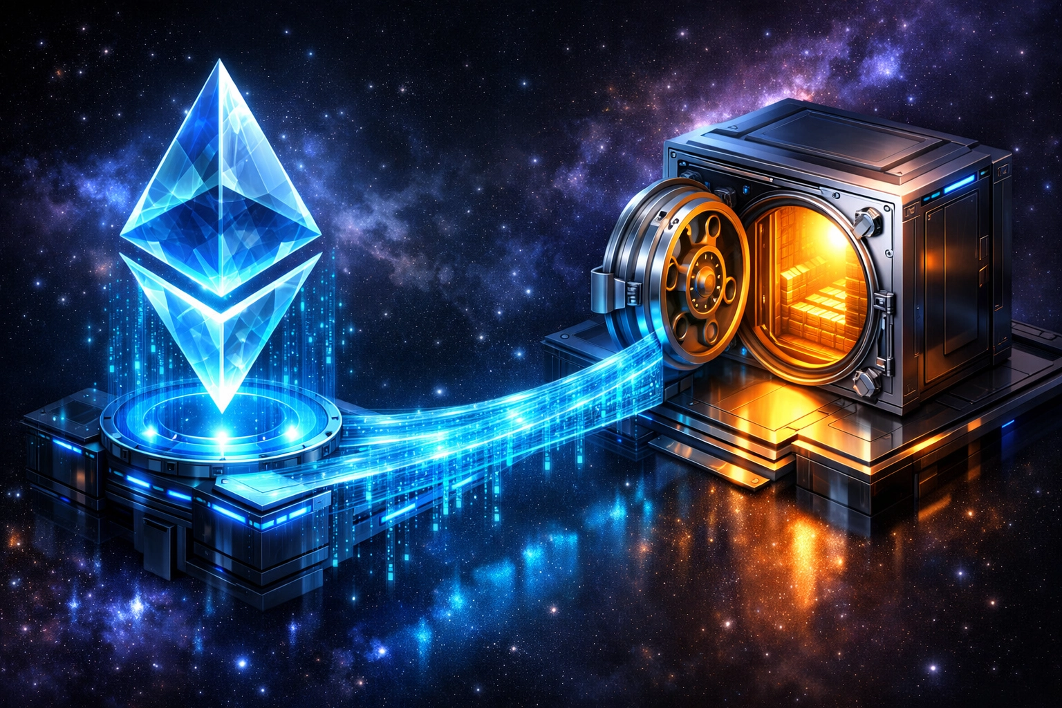 A glowing digital bridge connecting Ethereum to a secure vault, representing LUSD self-custody payments on Larecoin.