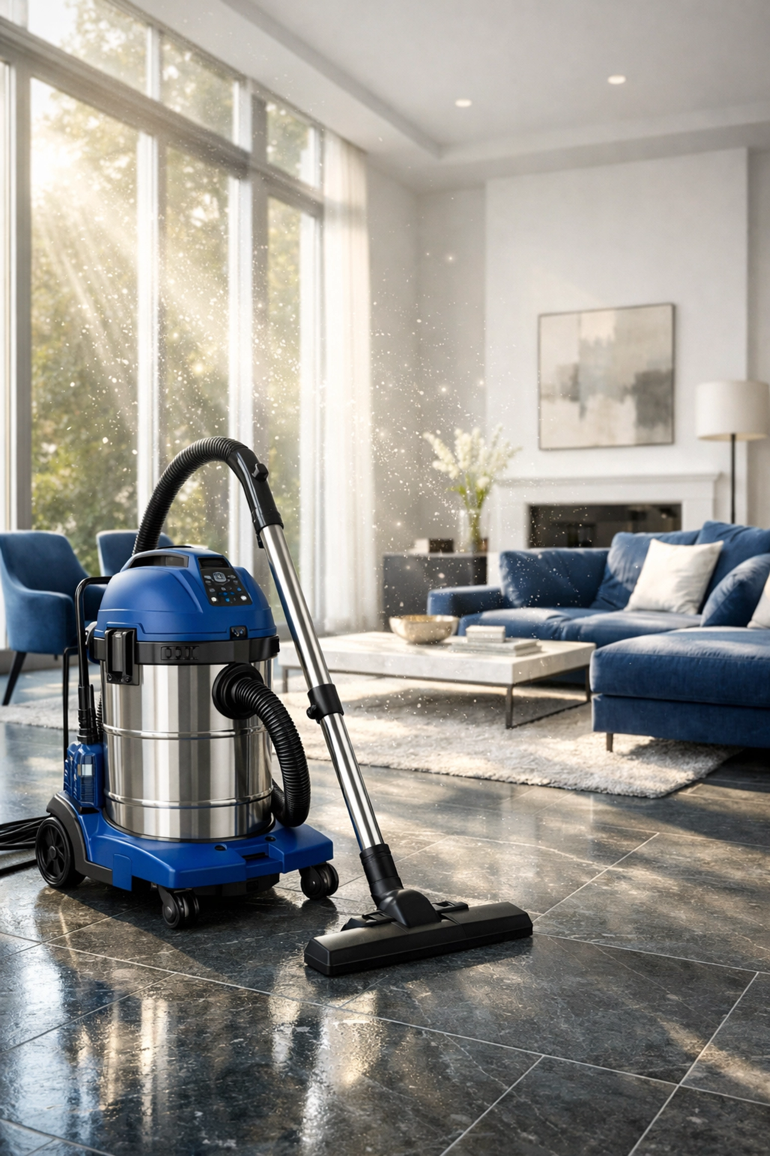 Industrial HEPA vacuum cleaning a luxury Massachusetts home during post-construction cleaning MA.
