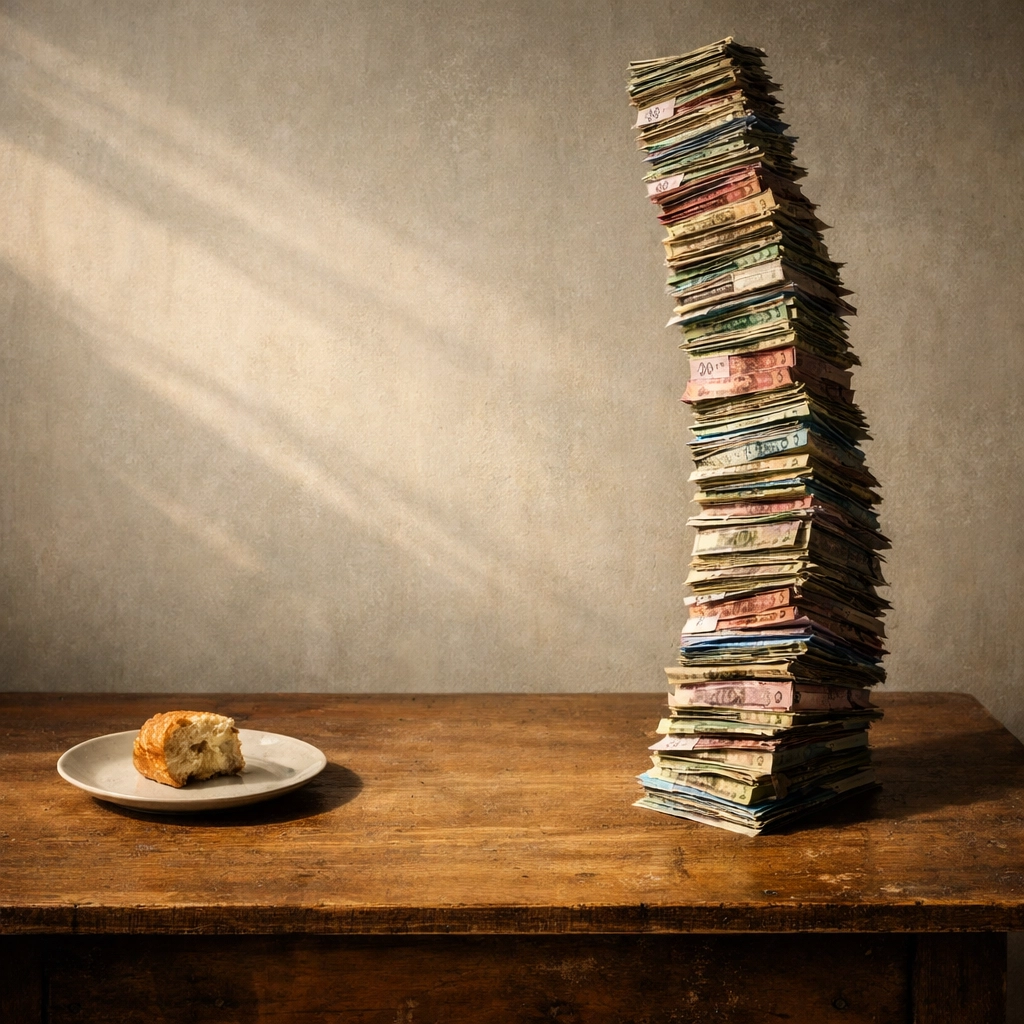 A single piece of bread next to a massive stack of currency, highlighting hyperinflation and food scarcity.