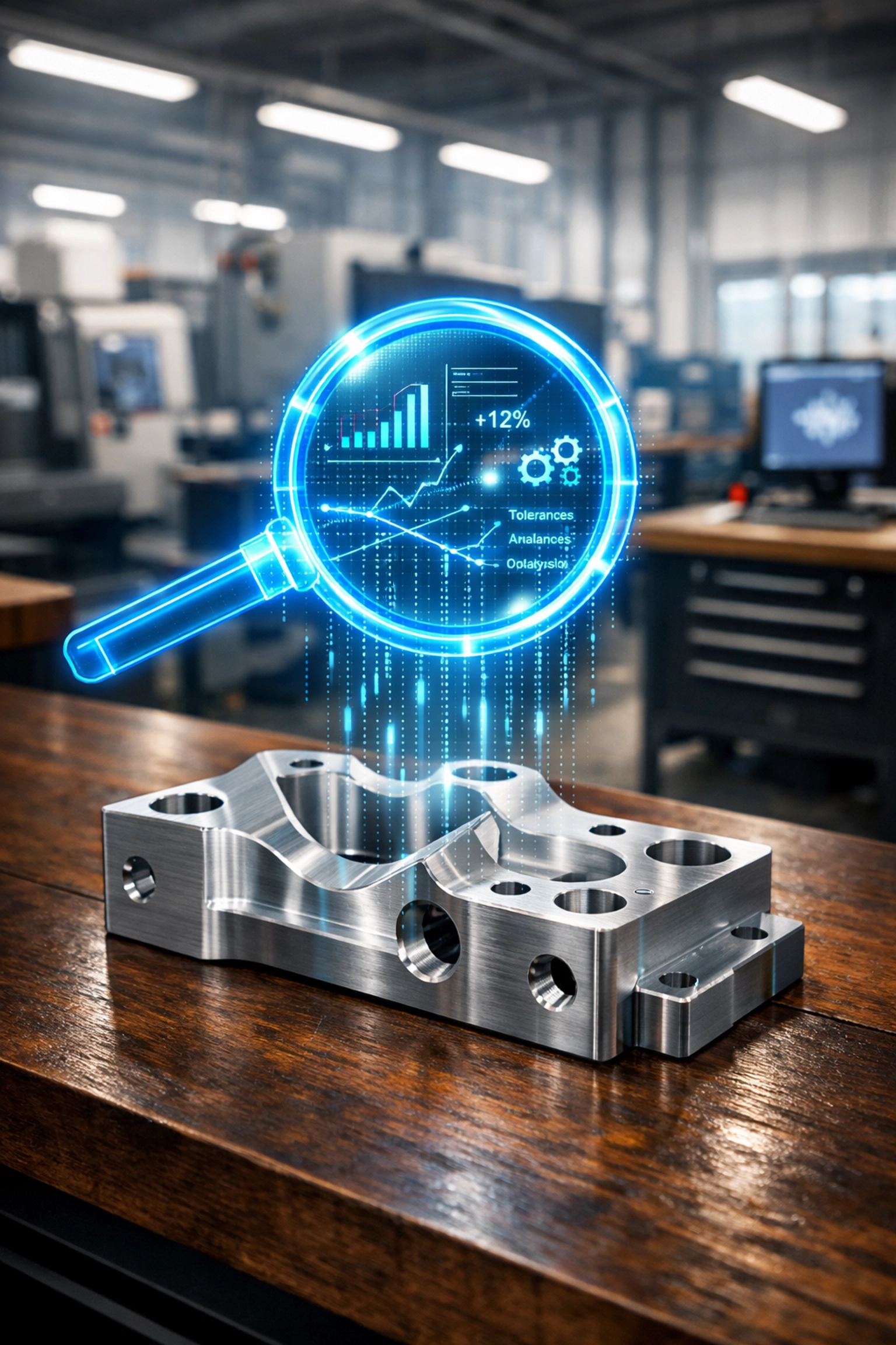KI im Mittelstand: Eine digitale Lupe zeigt Datenströme und Optimierungspotenziale an einem Werkstück.