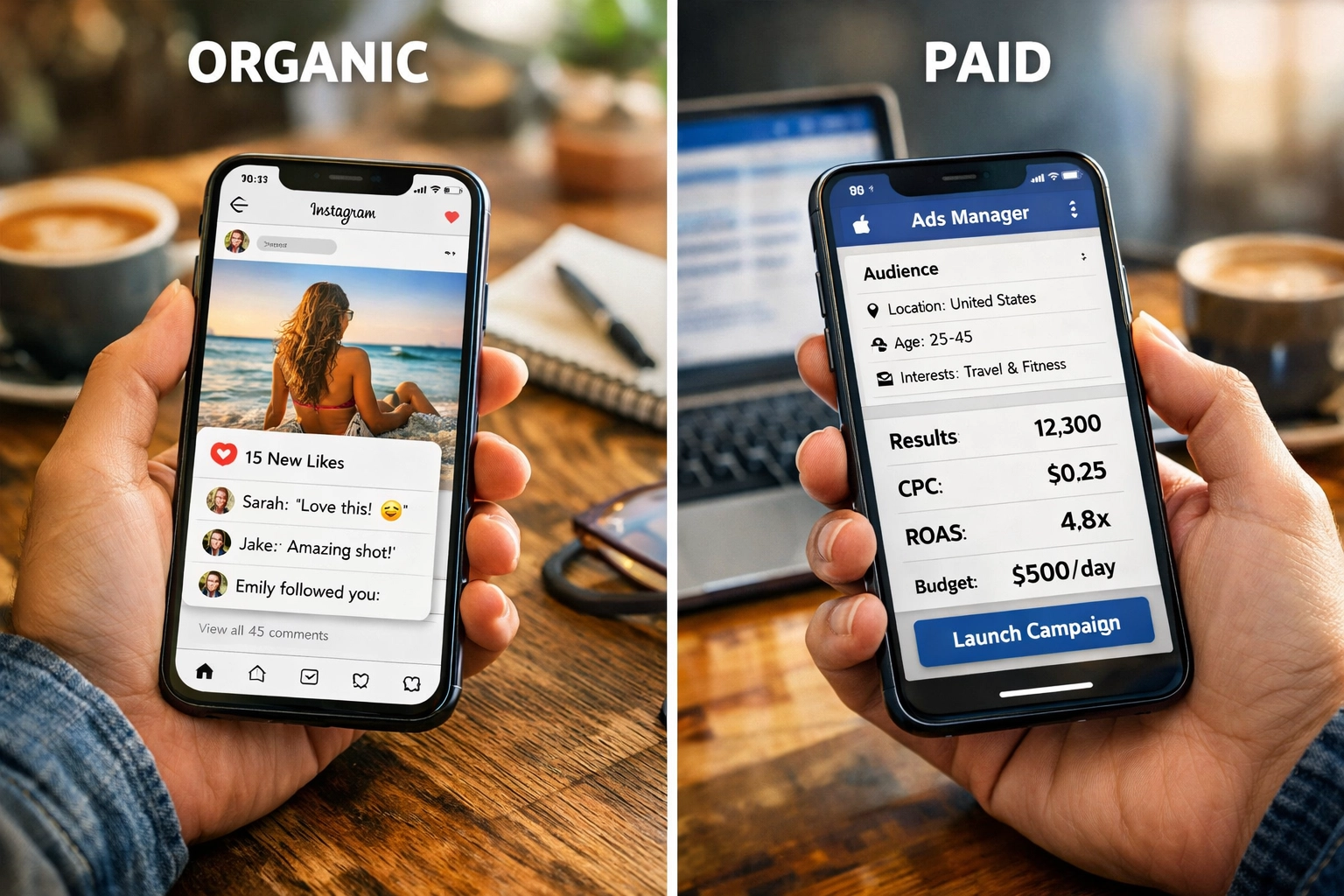 Comparison of organic social media feed and paid Facebook ads manager interface on smartphone