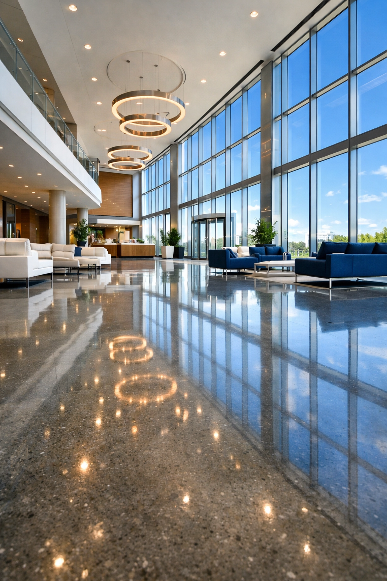 Clean and dust-free commercial lobby in Massachusetts following a professional post-construction cleaning MA.