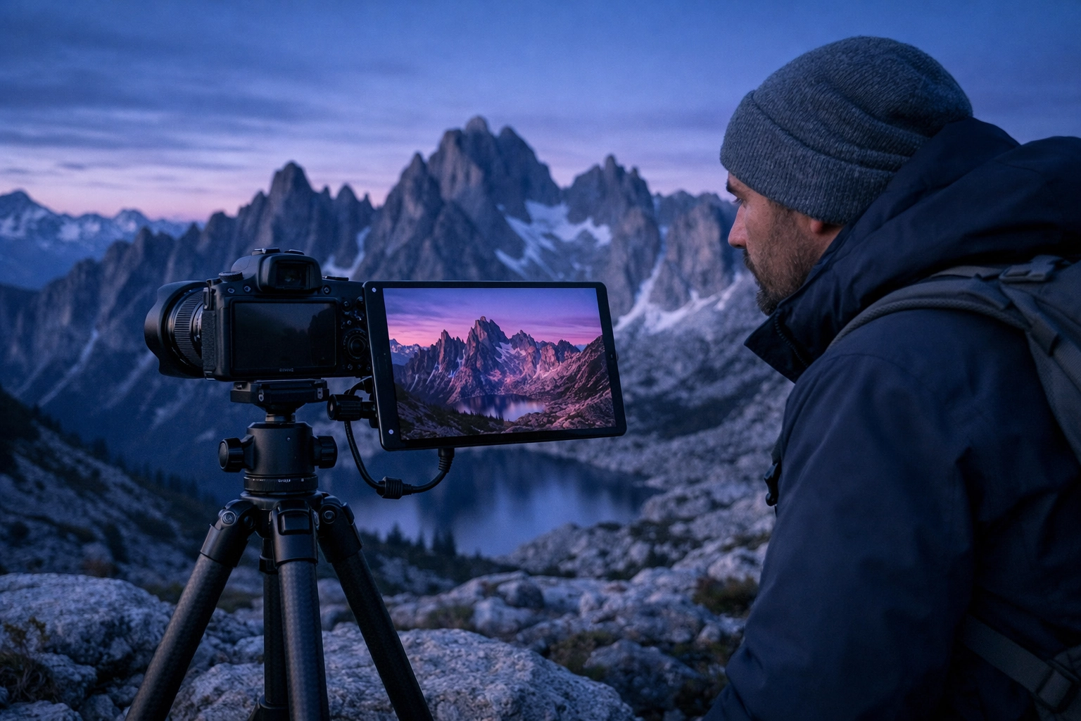 Photographer using a tablet as a field monitor to review shots while mastering manual mode in the mountains.
