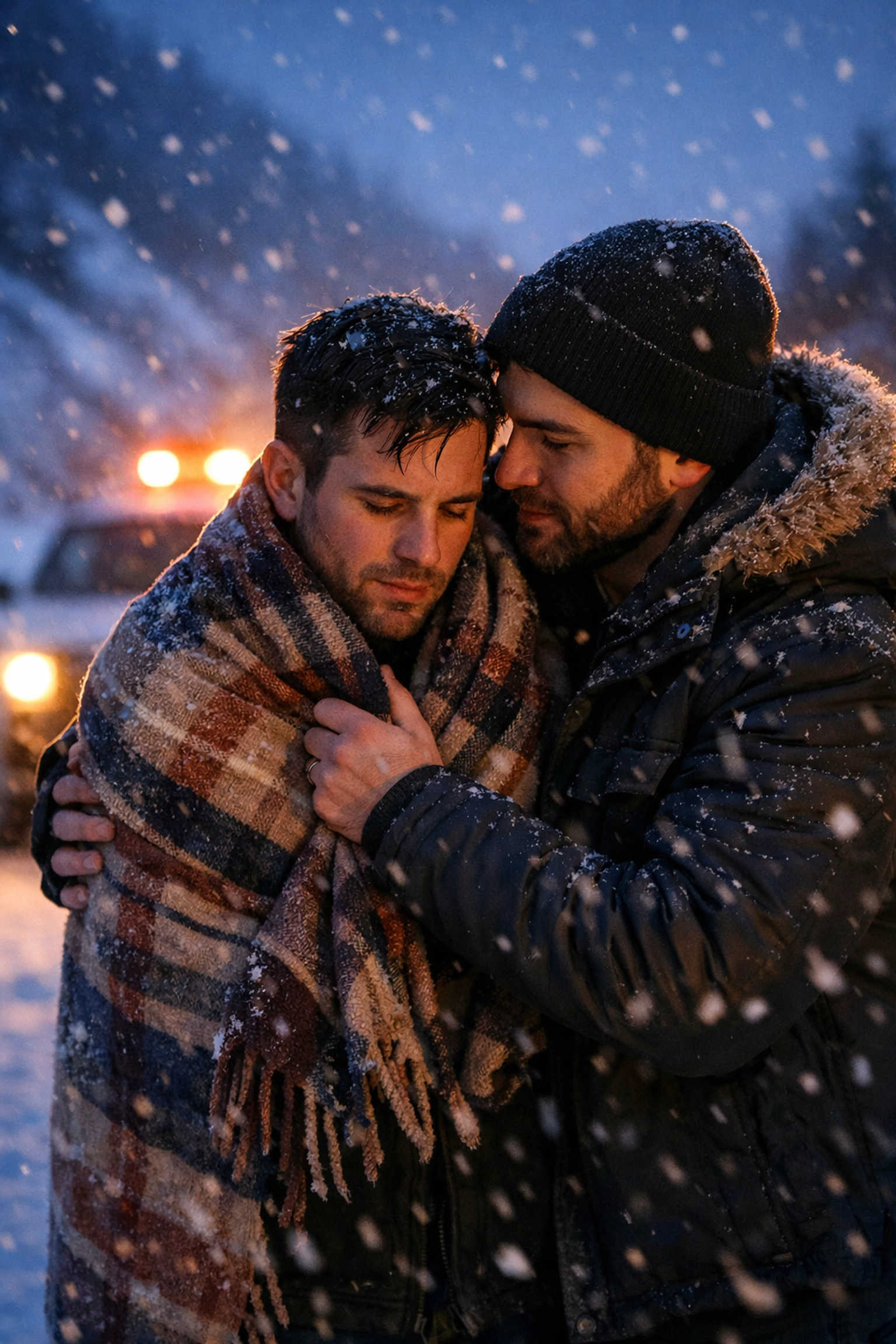 Two men in winter rescue scene - MM romance hurt/comfort moment on snowy mountain road